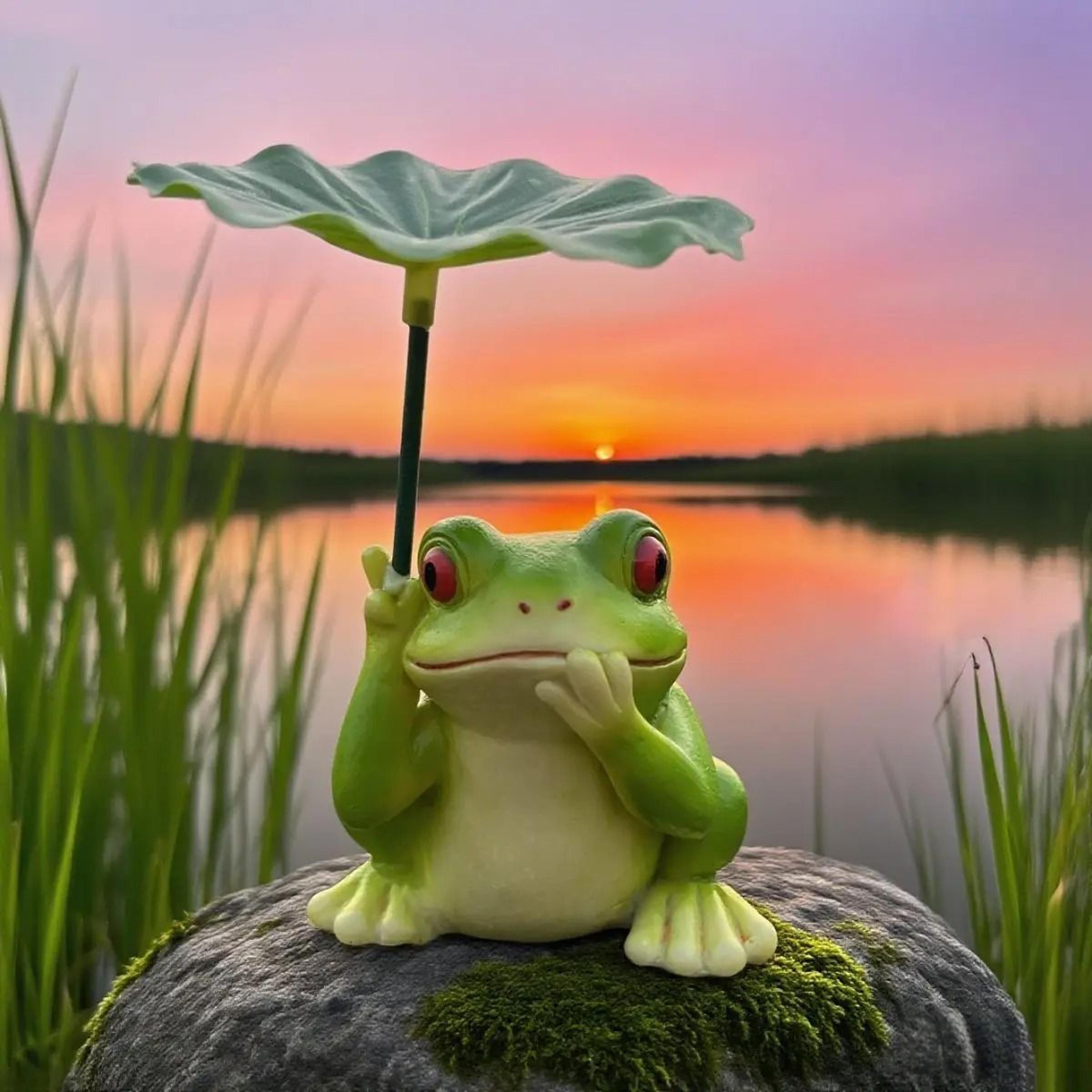 garden frog statue with lotus leaf umbrella – whimsical outdoor resin figurine for patio & yard decor
