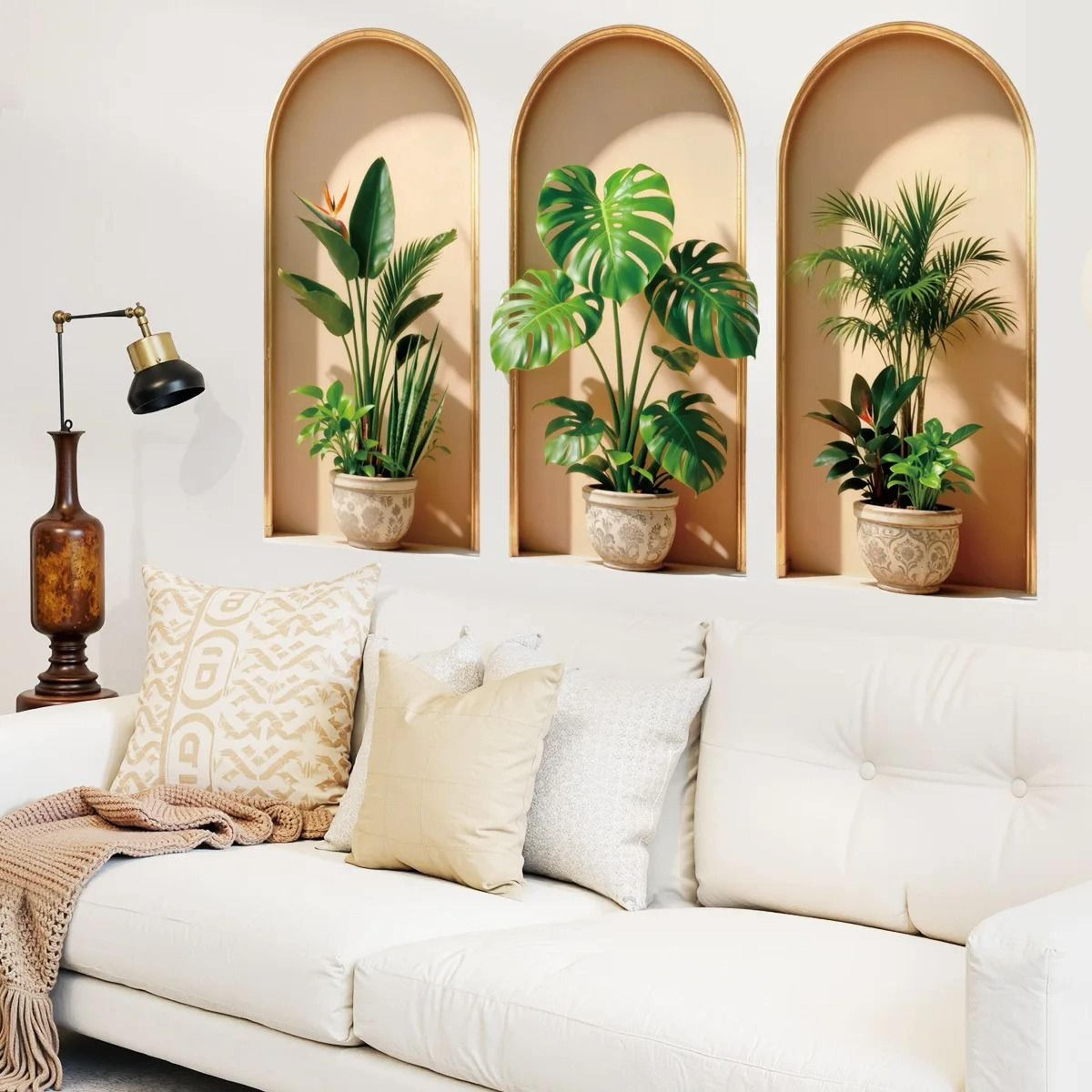 3d simulation potted plant picture frame wall stickers – removable monstera bamboo leaf effect wall decals