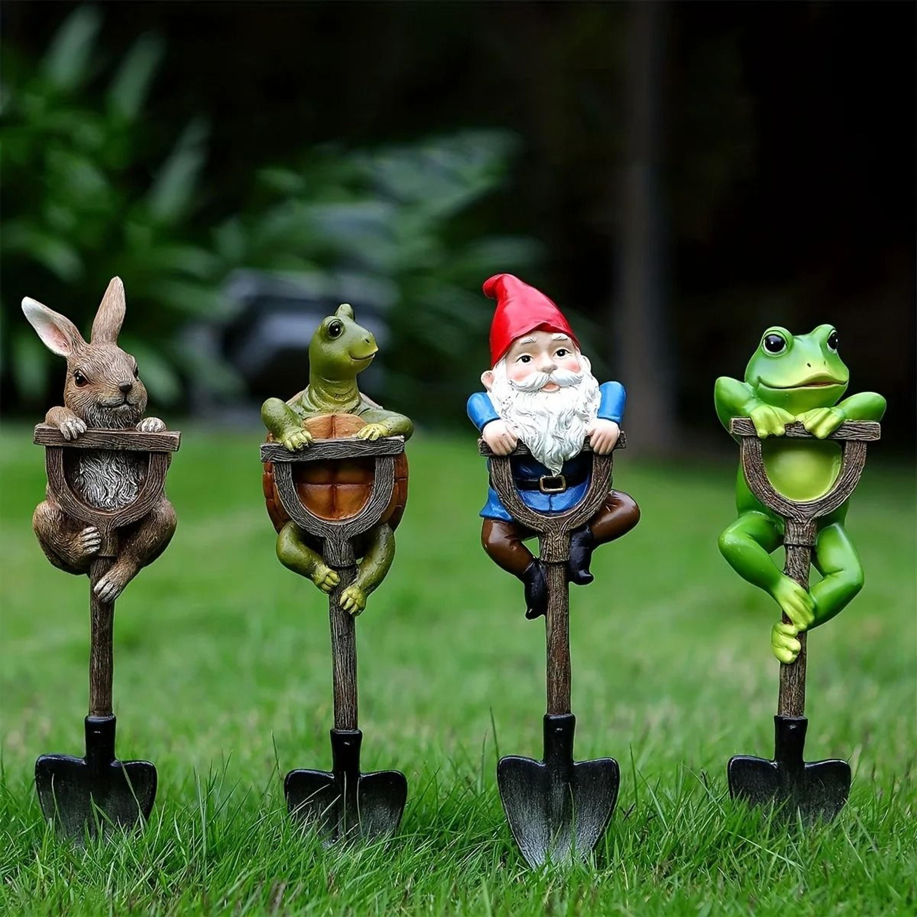 cute garden gnome frog rabbit turtle statue set – resin animal figurines with shovel for outdoor patio yard decor