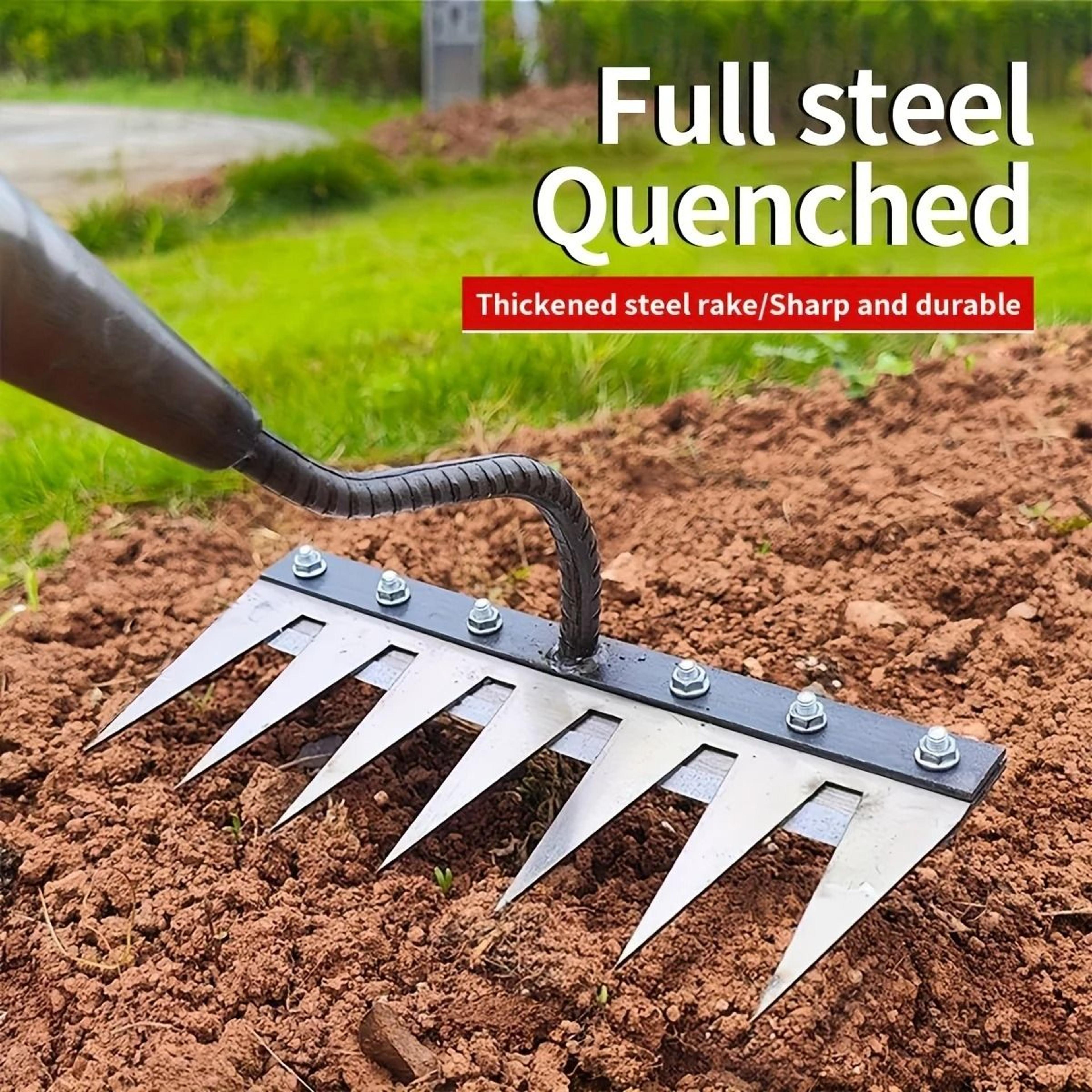 heavy duty 7 teeth steel weeding rake – multifunctional garden hoe tool head for soil loosening and farm yard care (no h