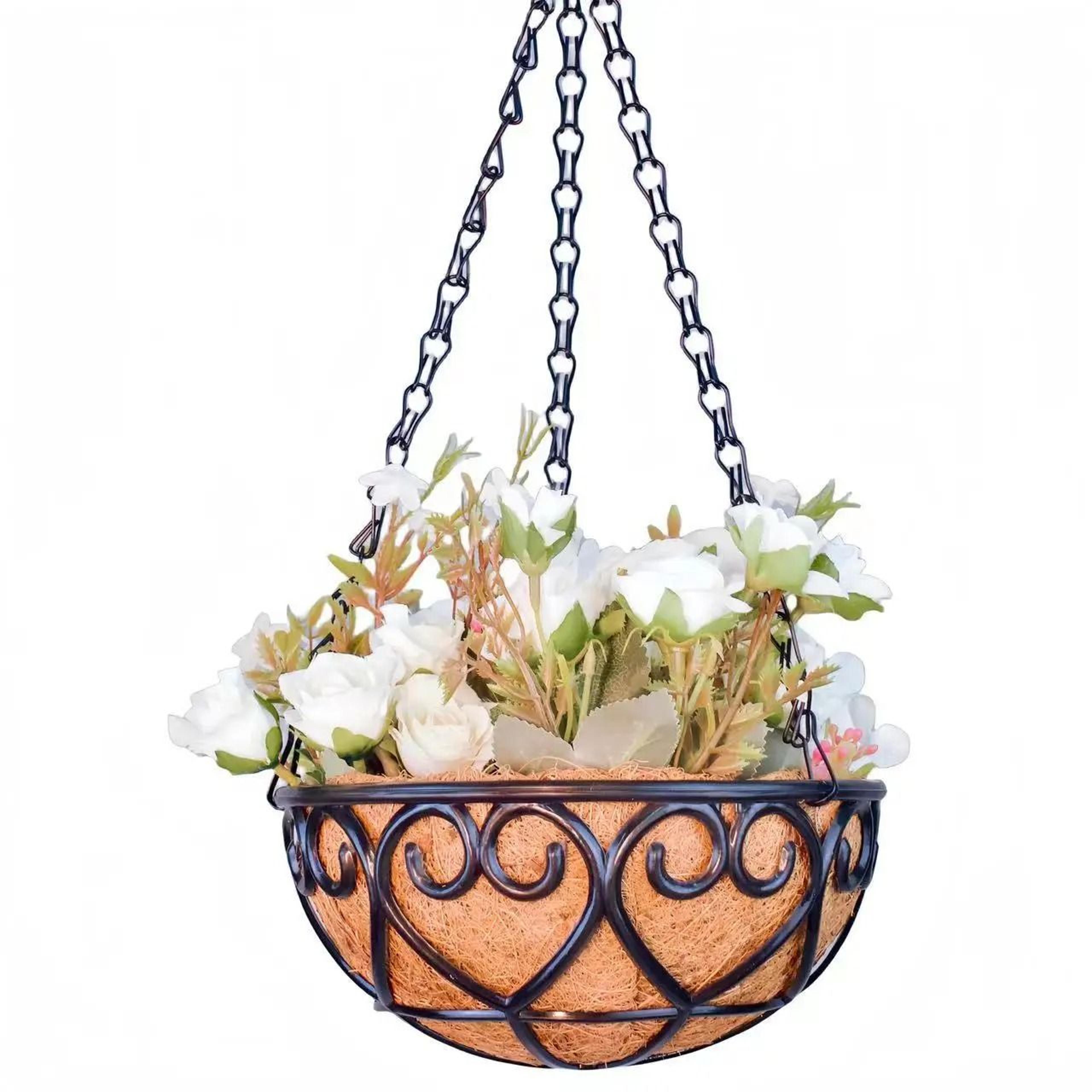 hanging round coconut planter basket – iron chain coco coir flowerpot