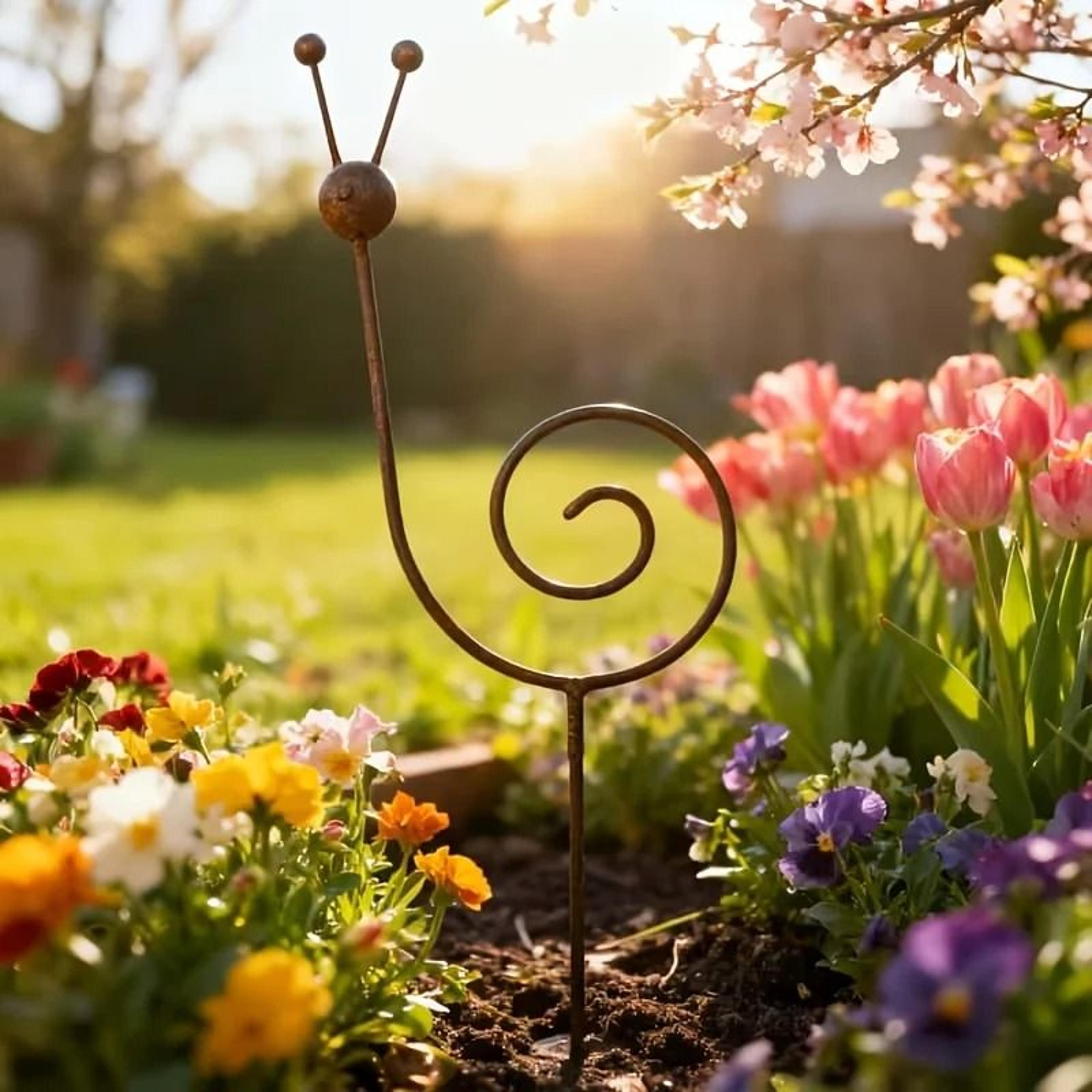 rustic metal snail garden stake – rustproof plant support and yard art ornament