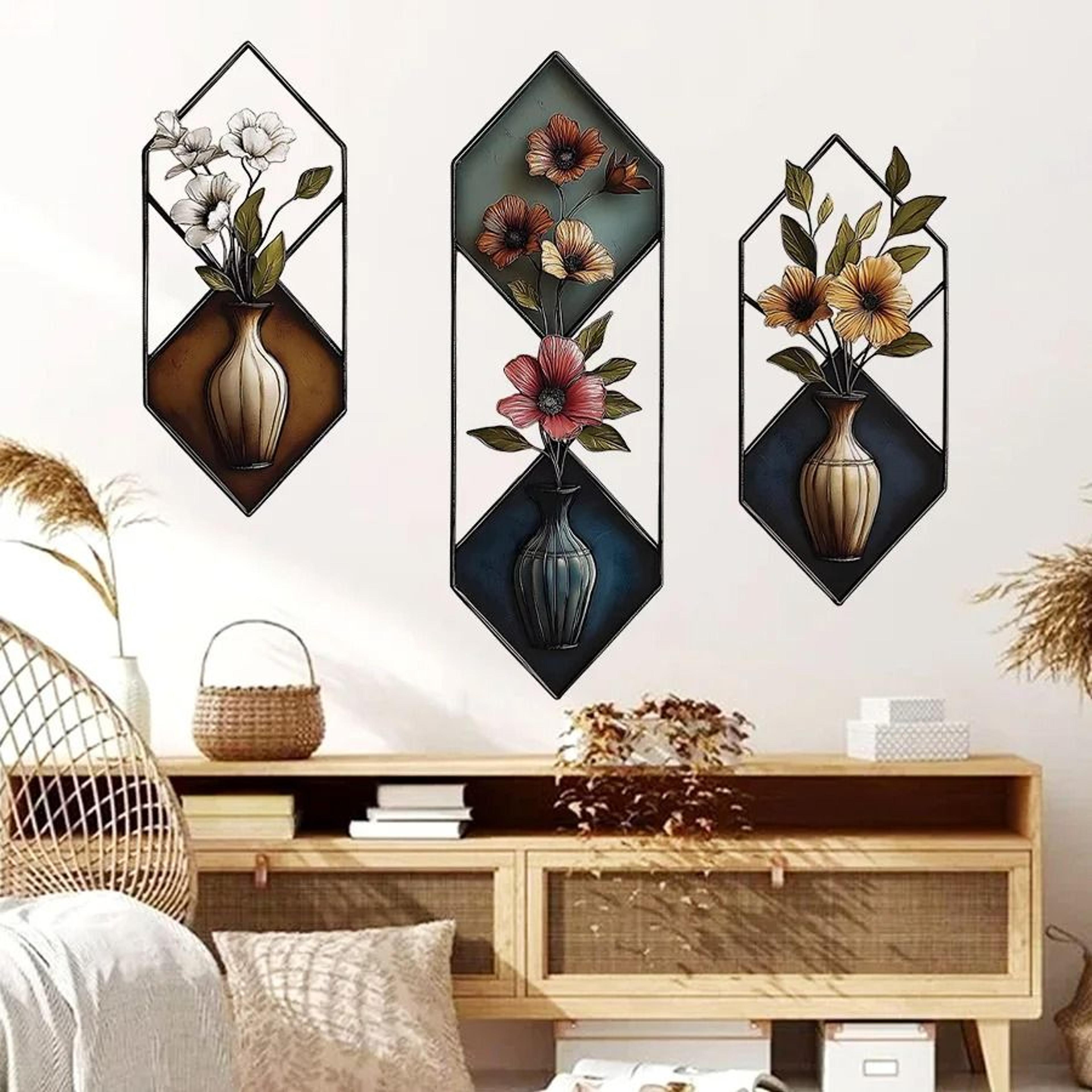 3pcs watercolor simulated vase plant wall stickers – removable self adhesive diy wall mural decals