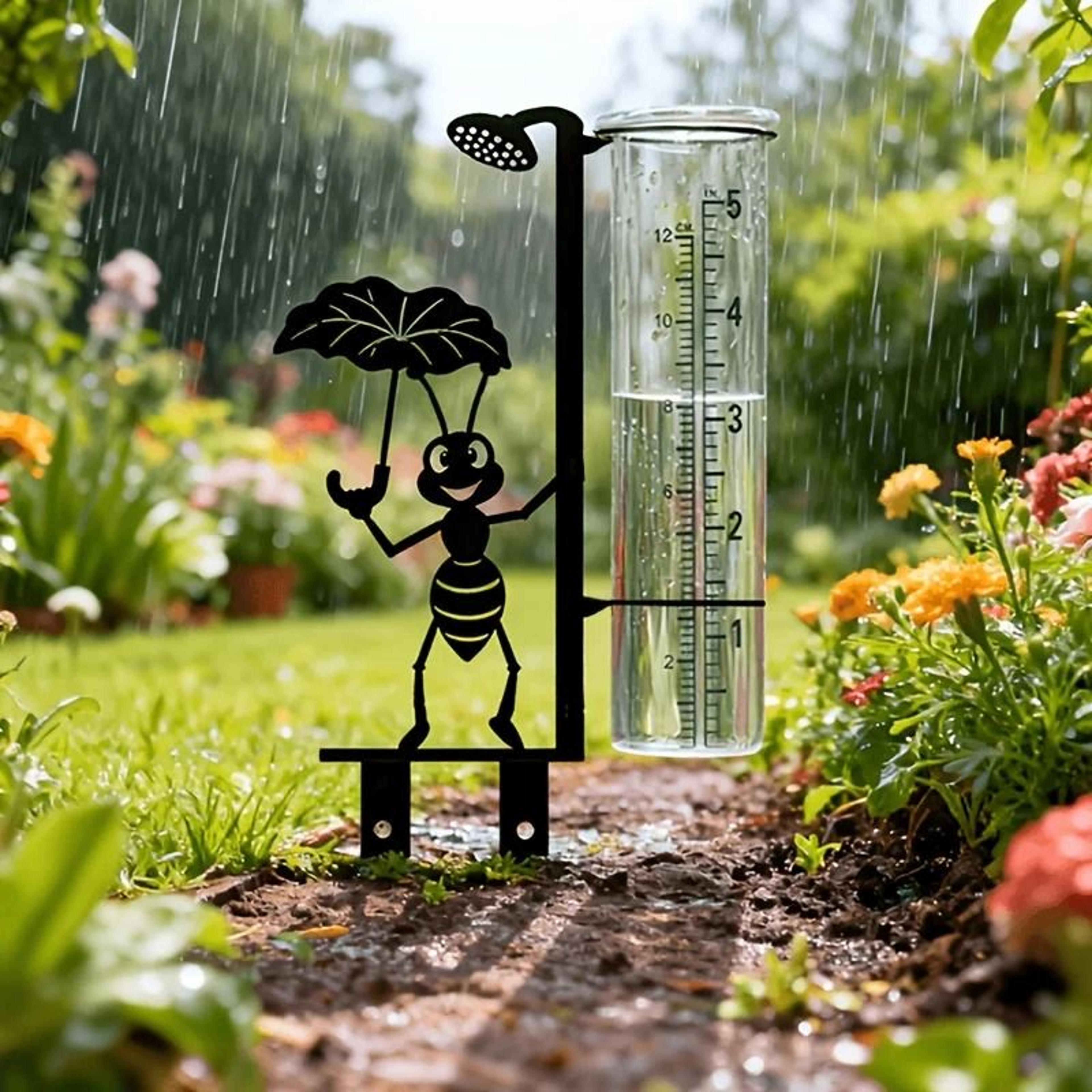 metal ant decorative rain gauge – outdoor water meter with glass measuring cup for garden and yard