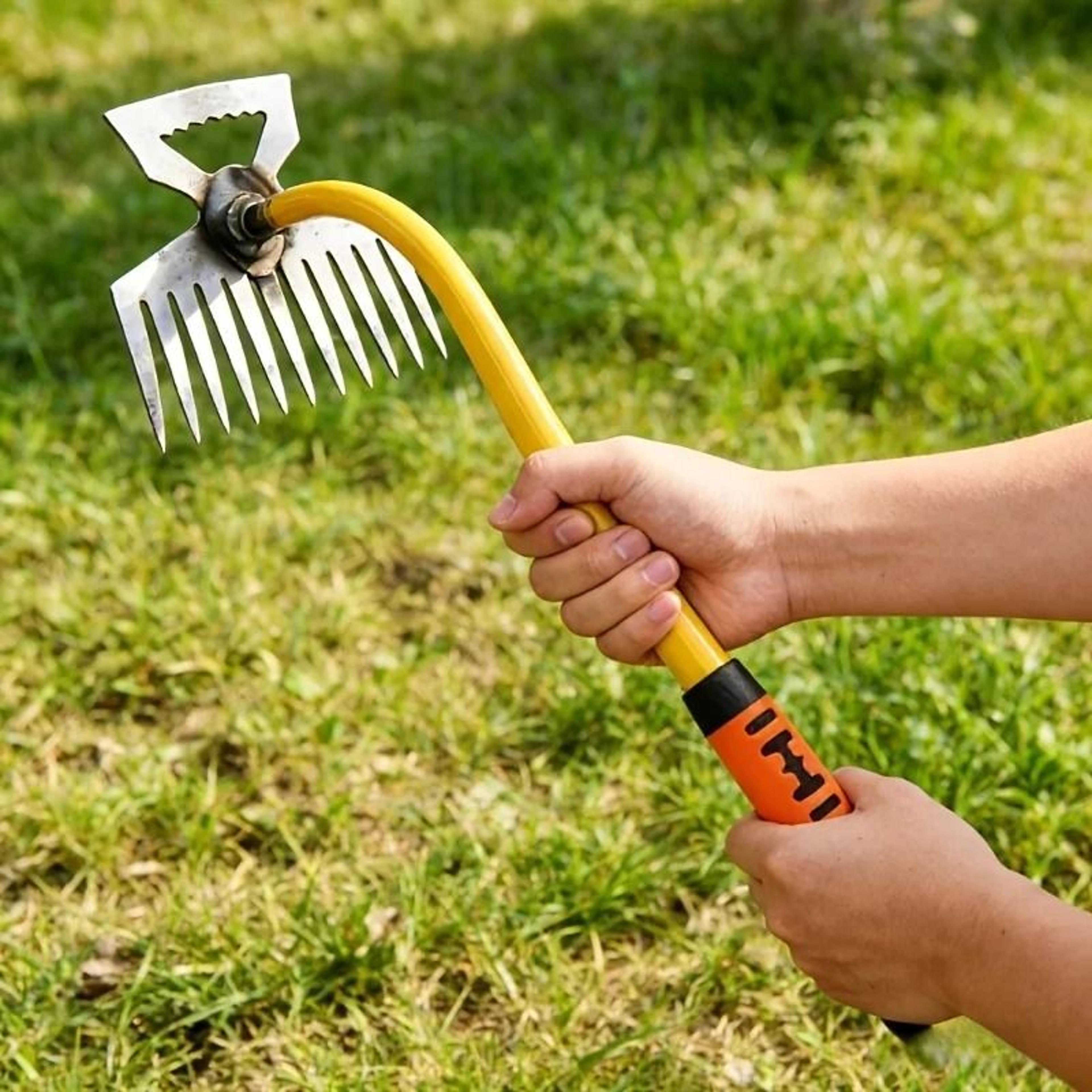 labor saving 2 in 1 garden rake hoe – heavy duty steel weeding tool with ergonomic curved handle