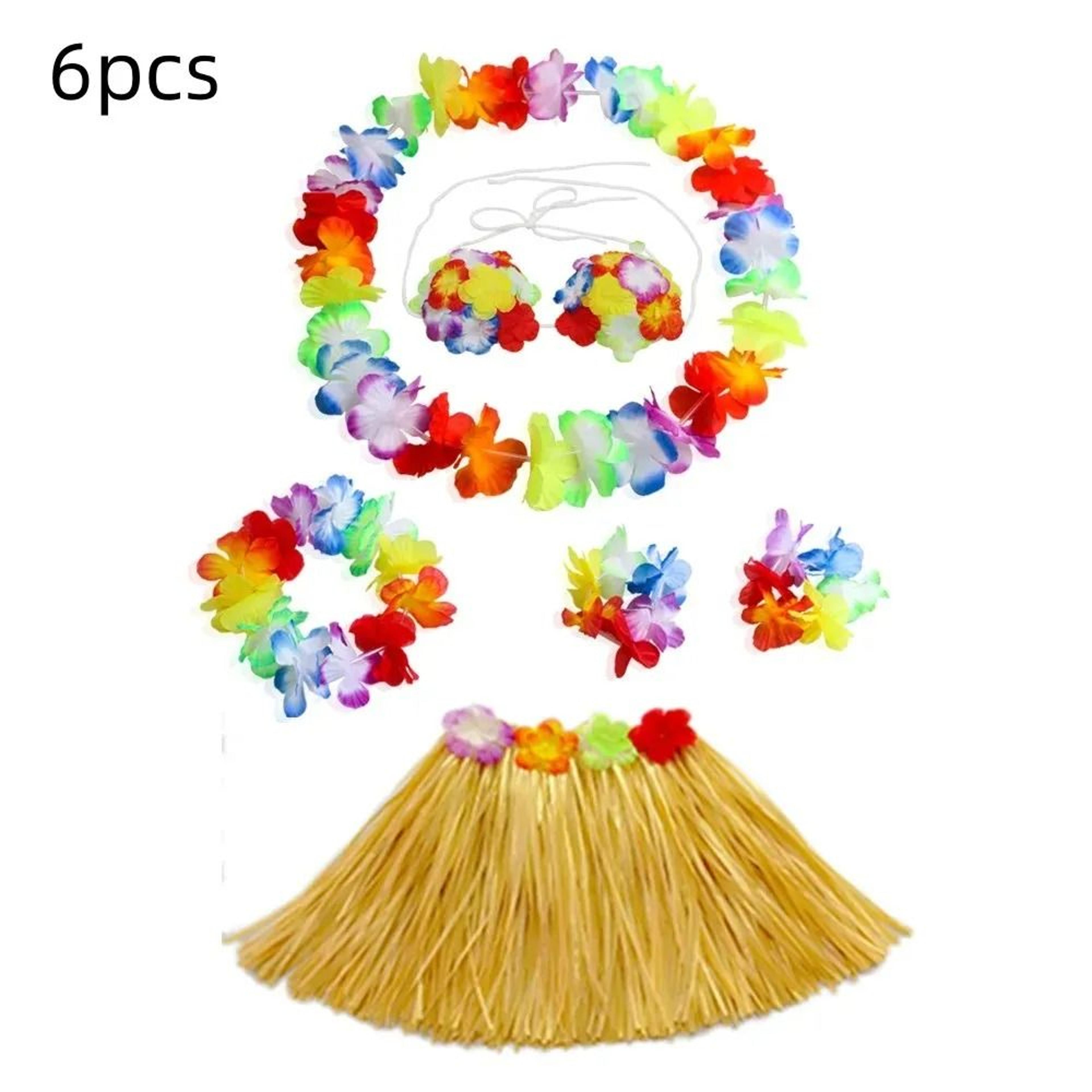 hawaiian dance child skirt with leis costume 15.7 inch elastic luau grass skirt flower bracelets headband necklace set