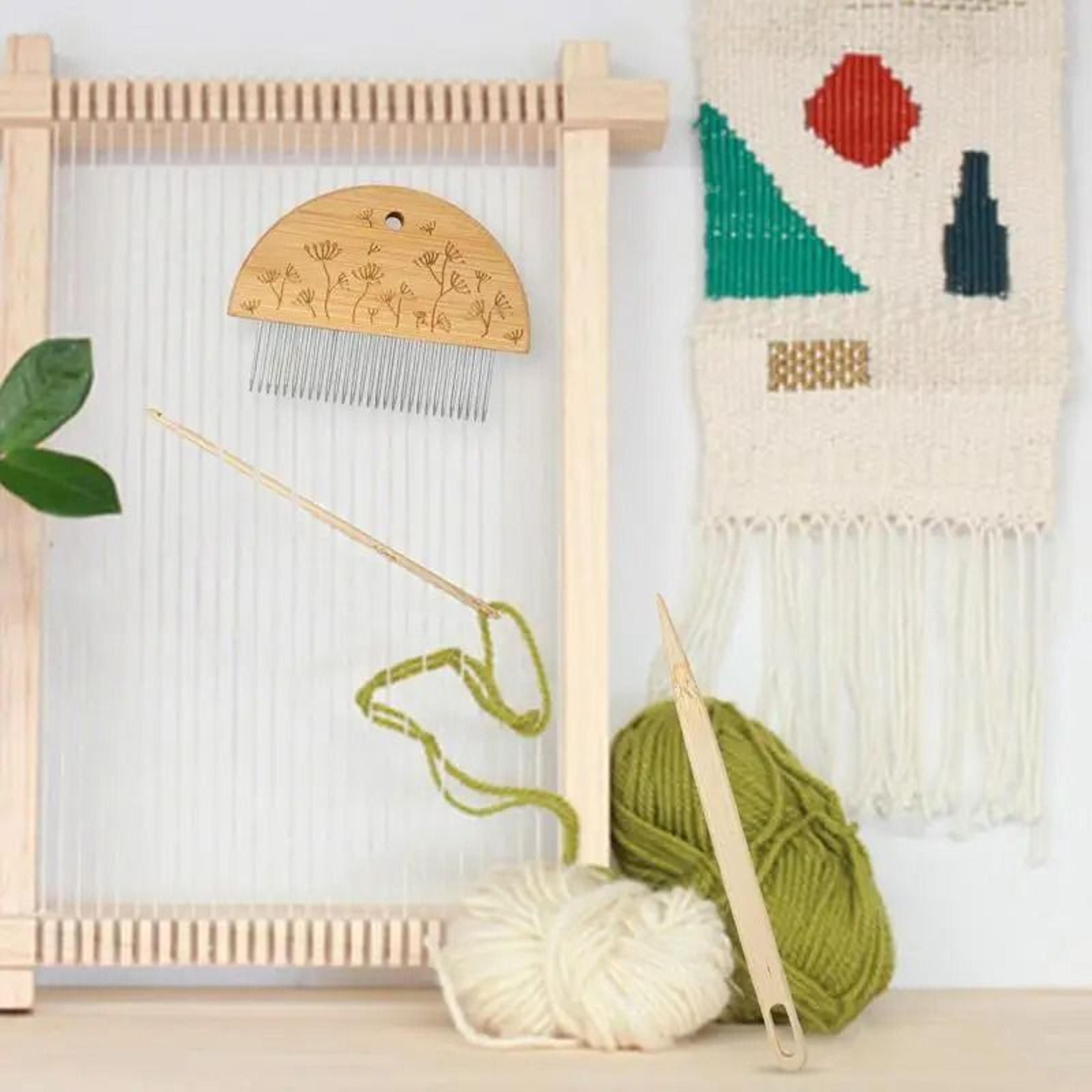large wooden frame tapestry weaving loom kit with crochet hook and braiding comb