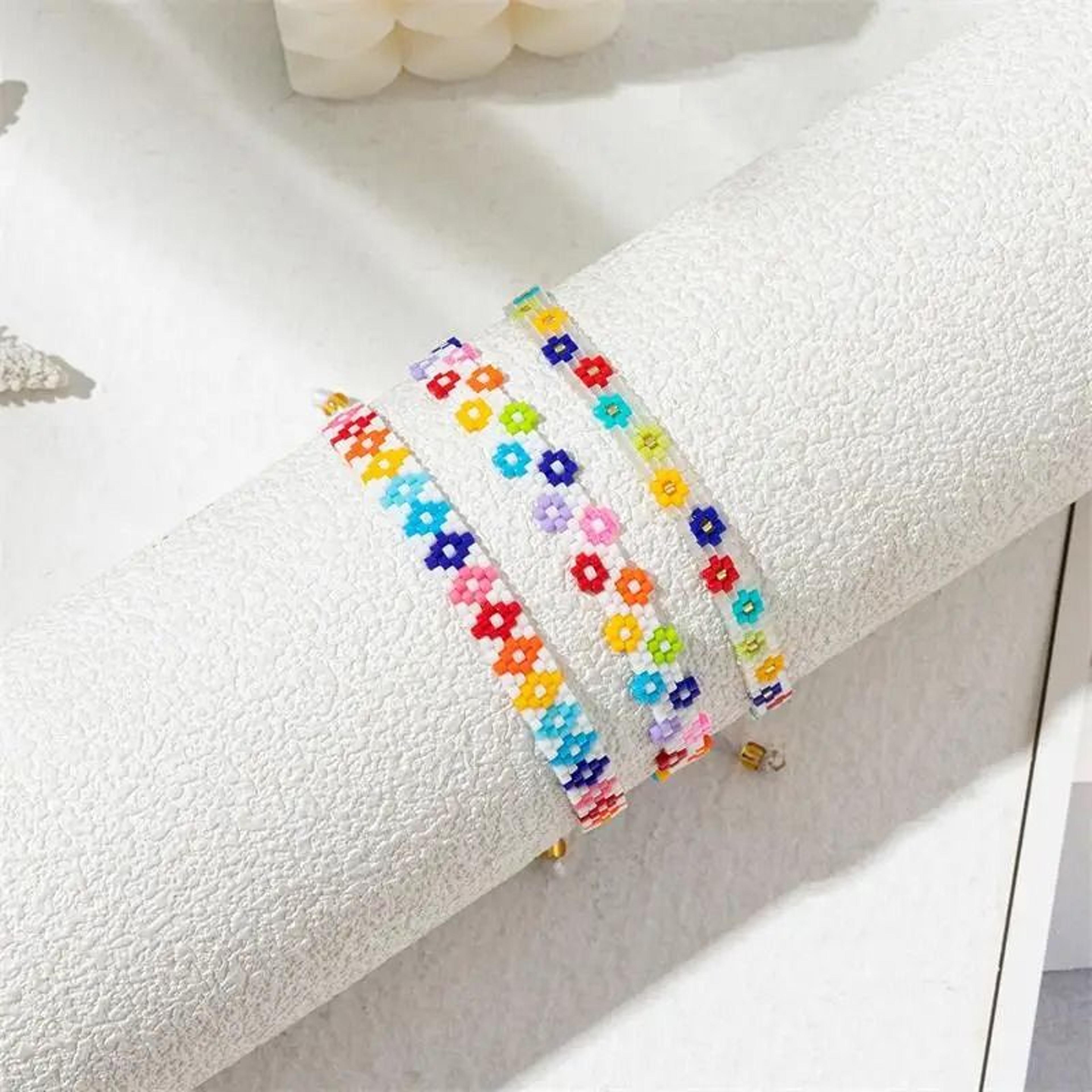 handcrafted korean rainbow flower pattern seed bead bracelet waterproof charm jewelry for women