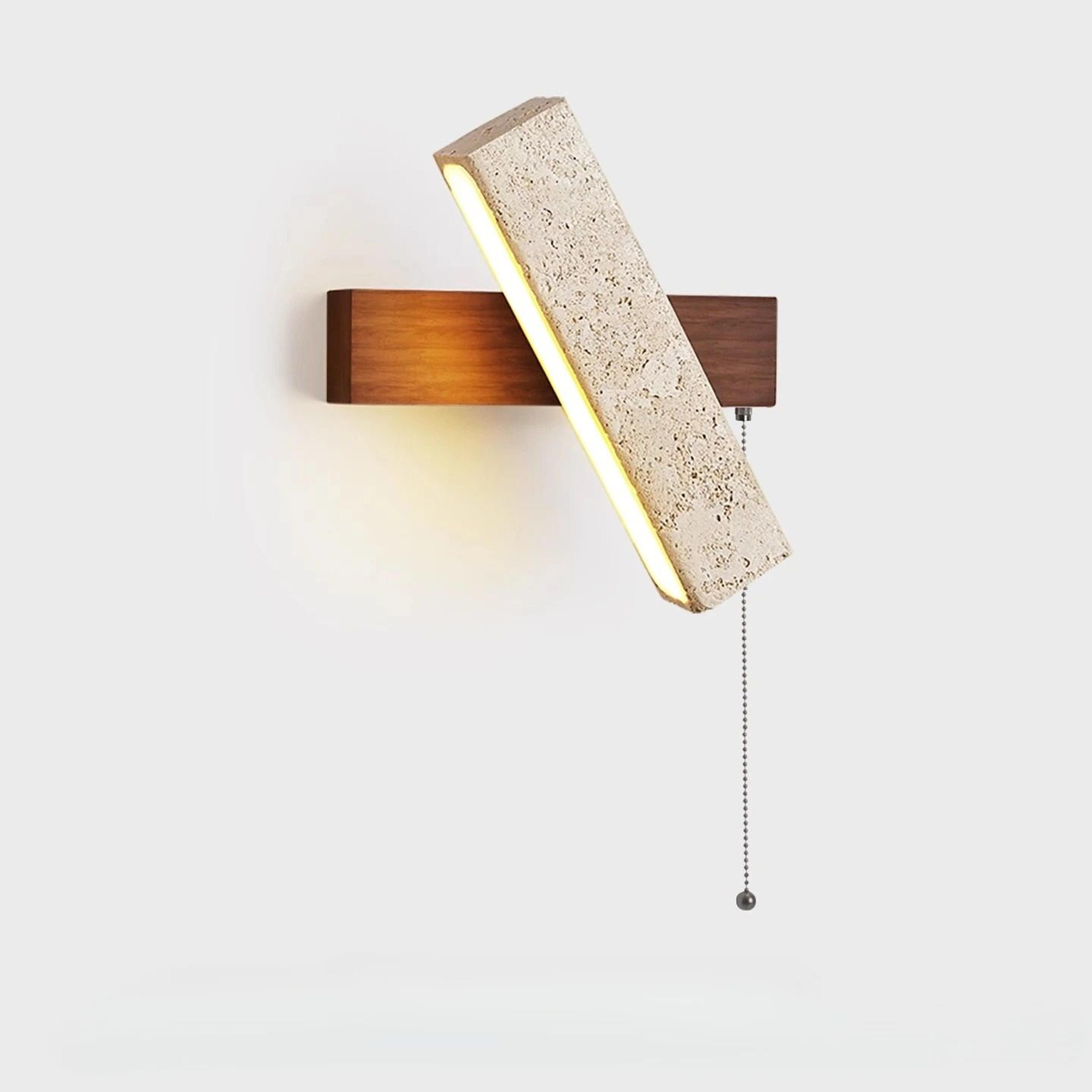 japanese wabi sabi yellow travertine led wall light with pull chain switch and rotatable wooden base