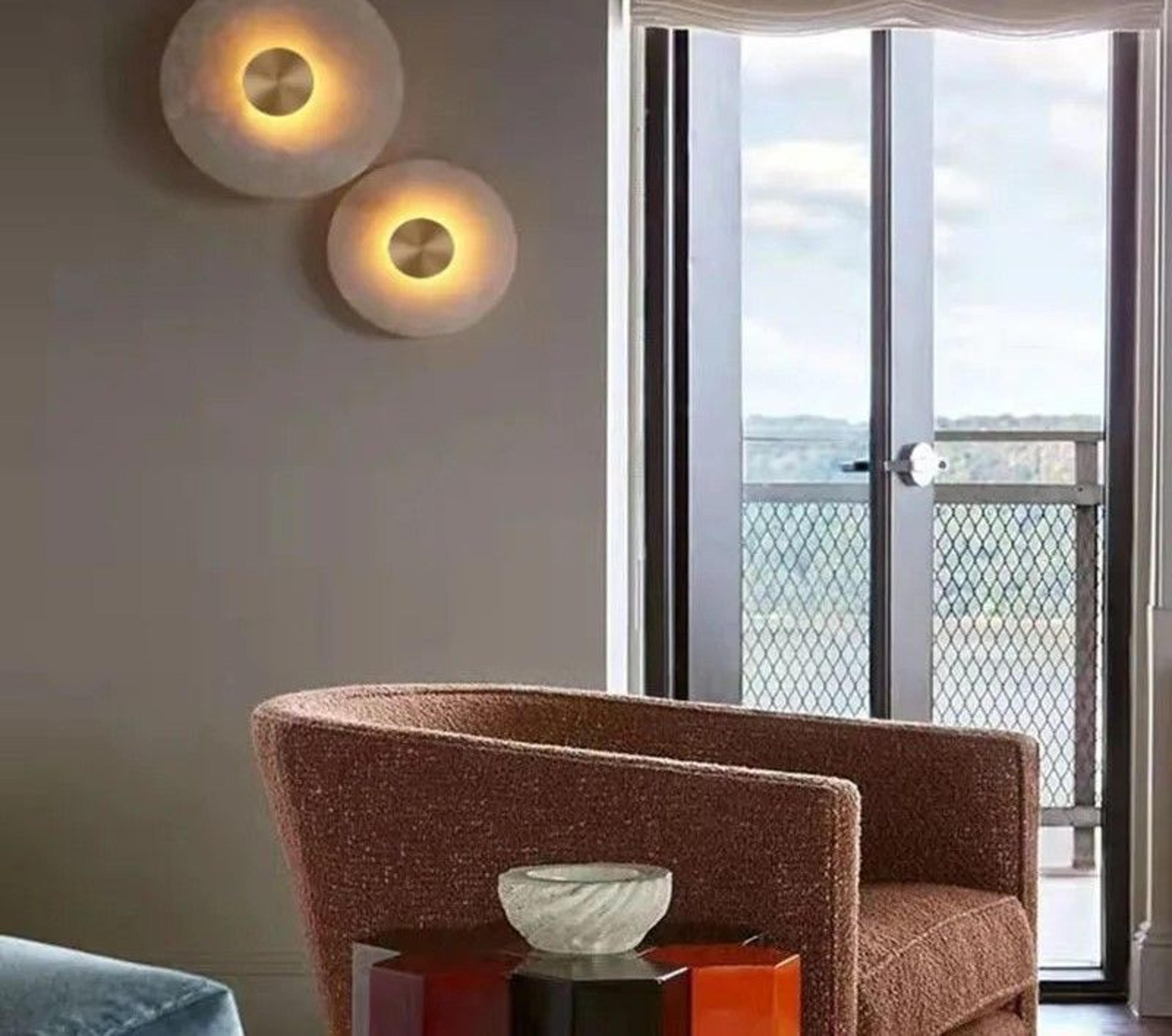 natural alabaster stone round led wall lamp sconce with copper base for foyer, bedside, and staircase