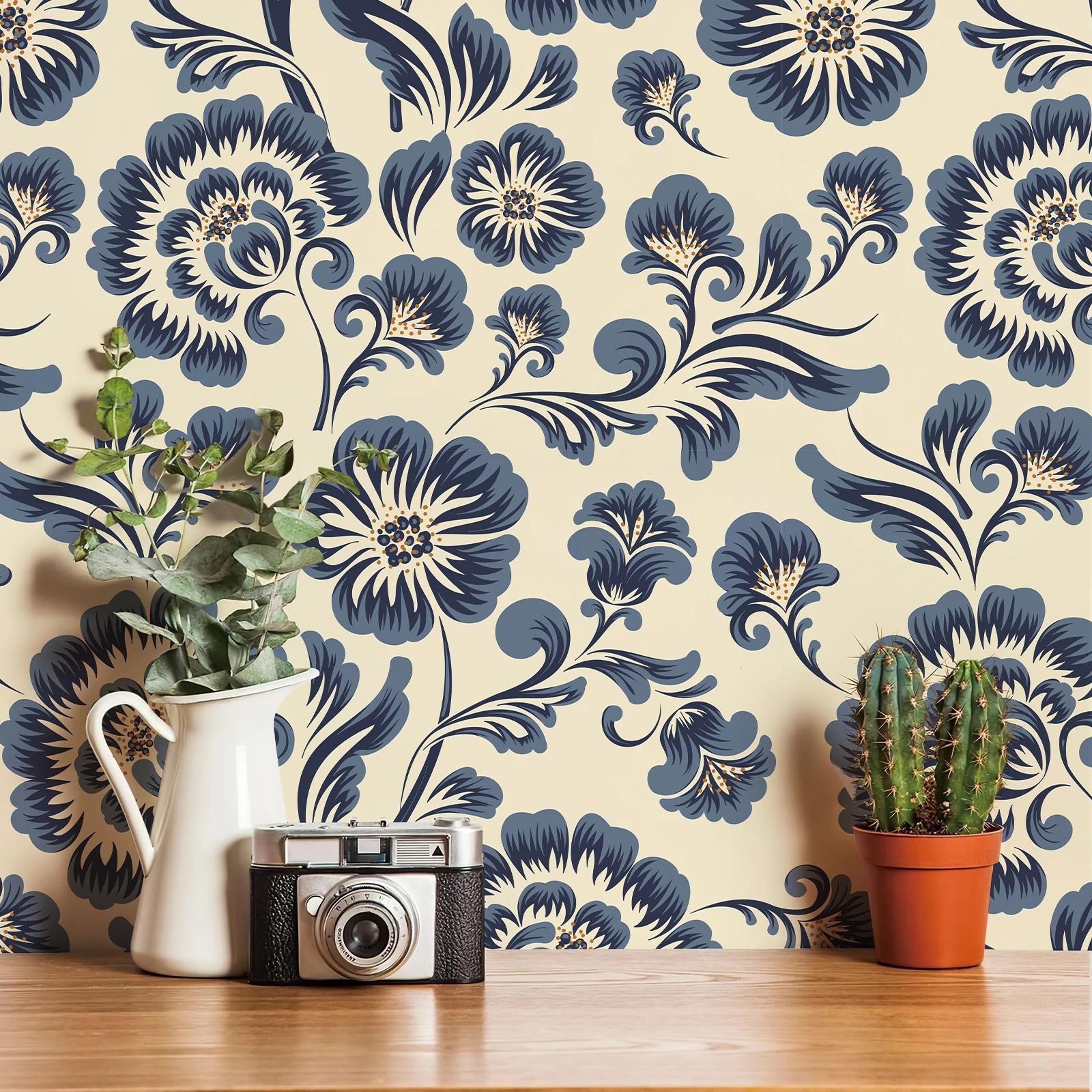 blue floral watercolor pvc peel stick wallpaper cabinet contact paper