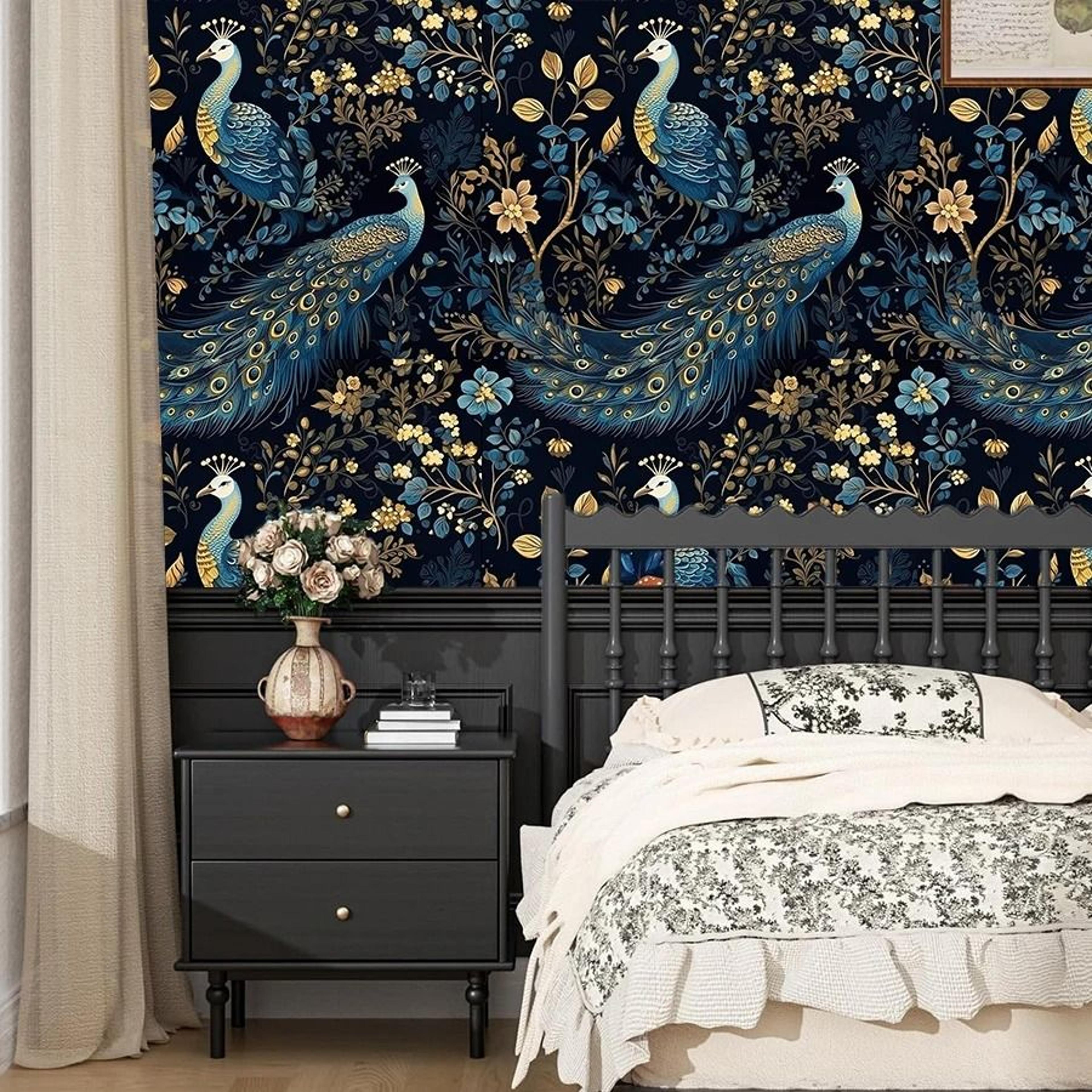 blue peacock flower pattern surface roll waterproof self adhesive vinyl wallpaper cabinet film