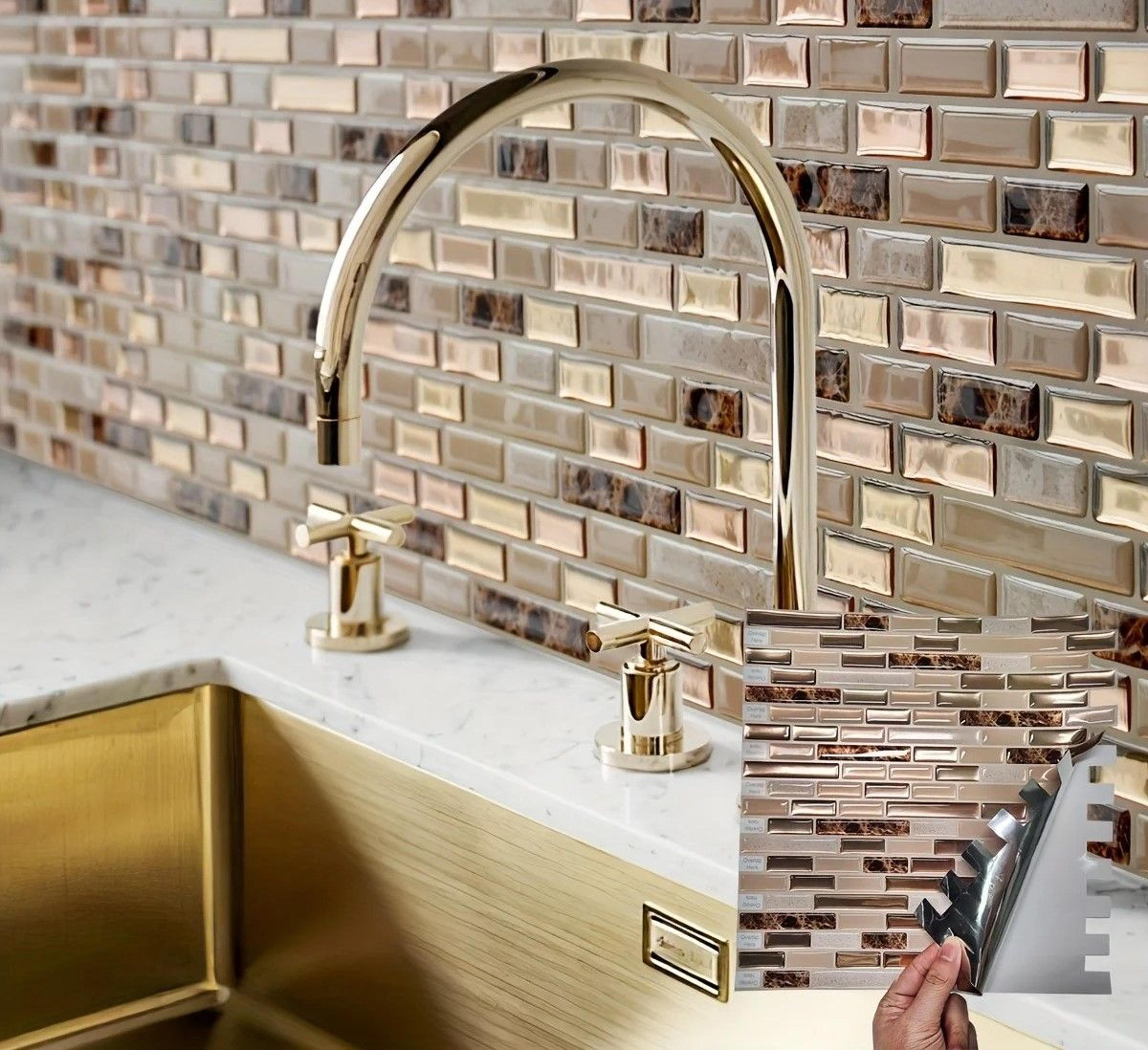 gold mosaic pattern self adhesive waterproof kitchen backsplash wall tile pack