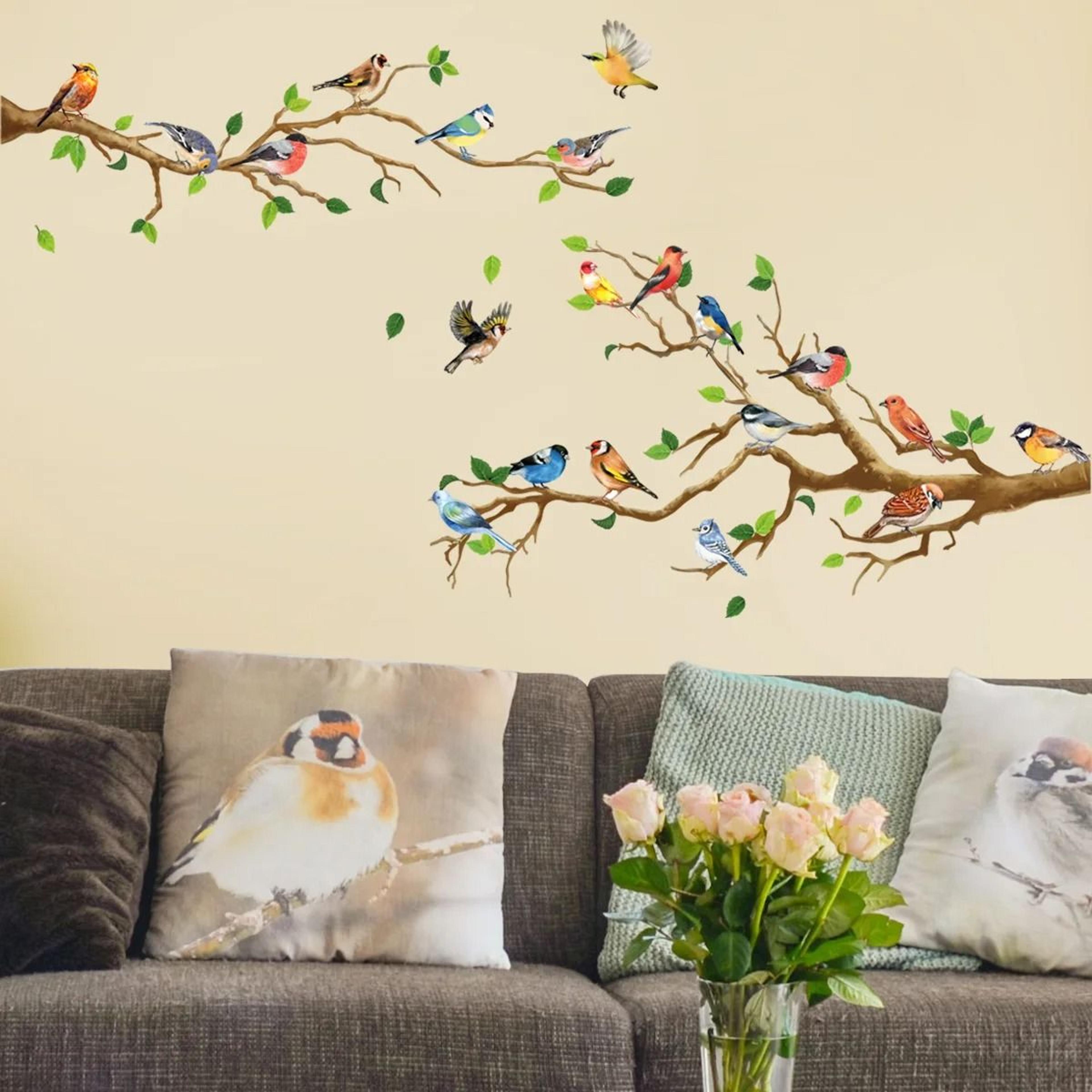 artistic colorful birds on branch pvc removable self adhesive wall decal mural 4 sheet pack