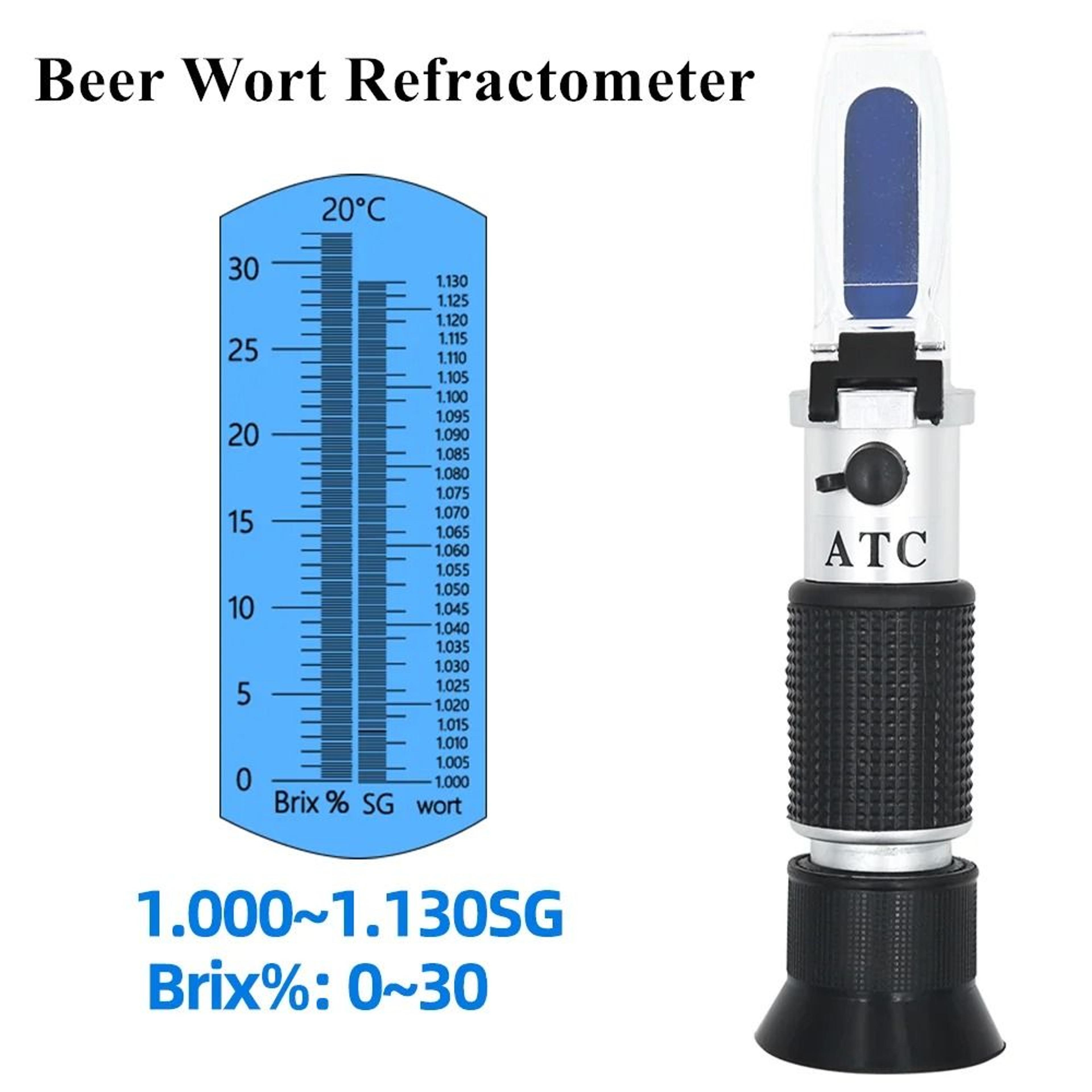 dual scale beer and wine refractometer brix 0 to 32 percent and specific gravity 1.000 to 1.130 atc