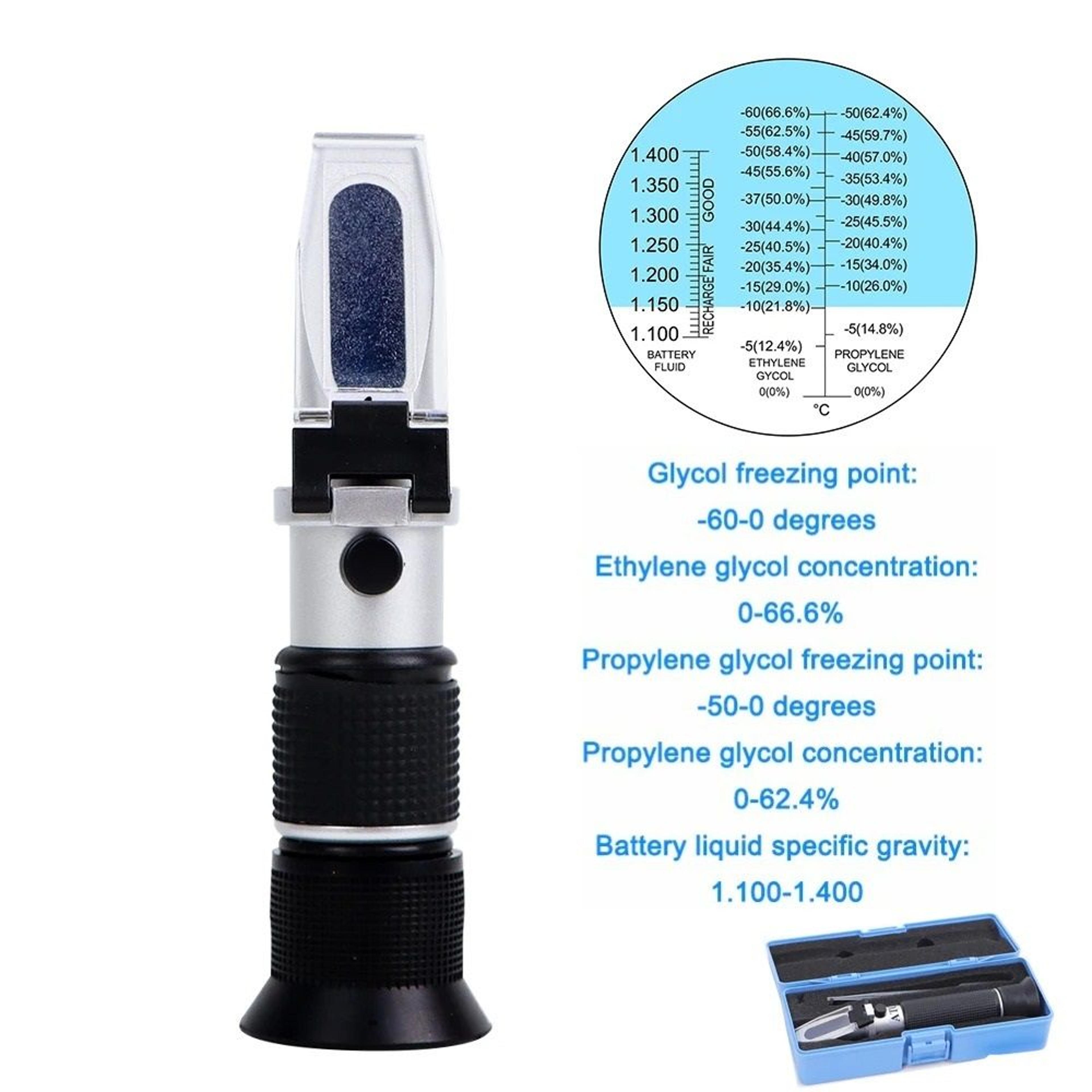 automotive antifreeze freezing point refractometer coolant and battery fluid tester for ethylene and propylene glycol