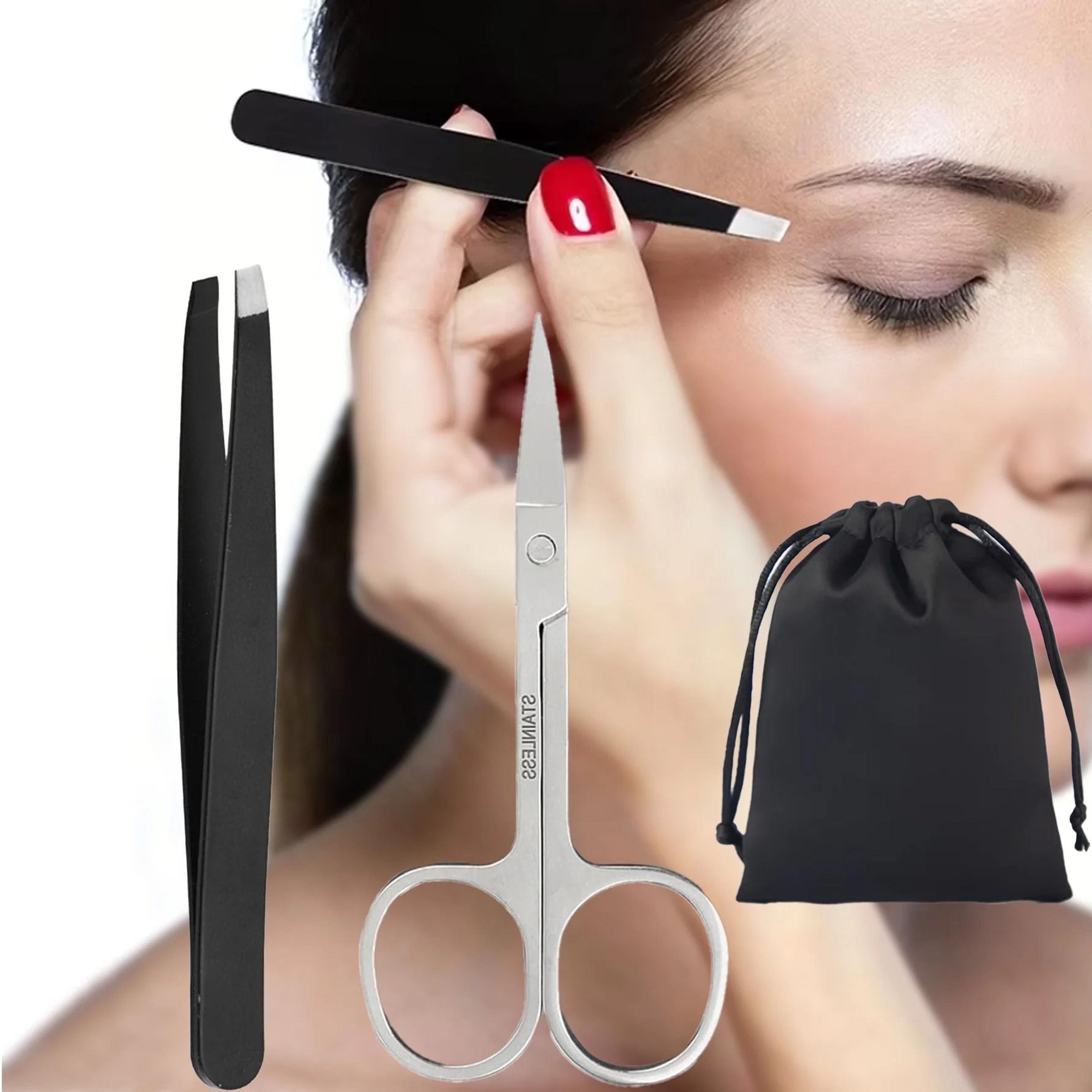 stainless steel tweezer and scissor set with travel storage pouch for eyebrows and facial hair