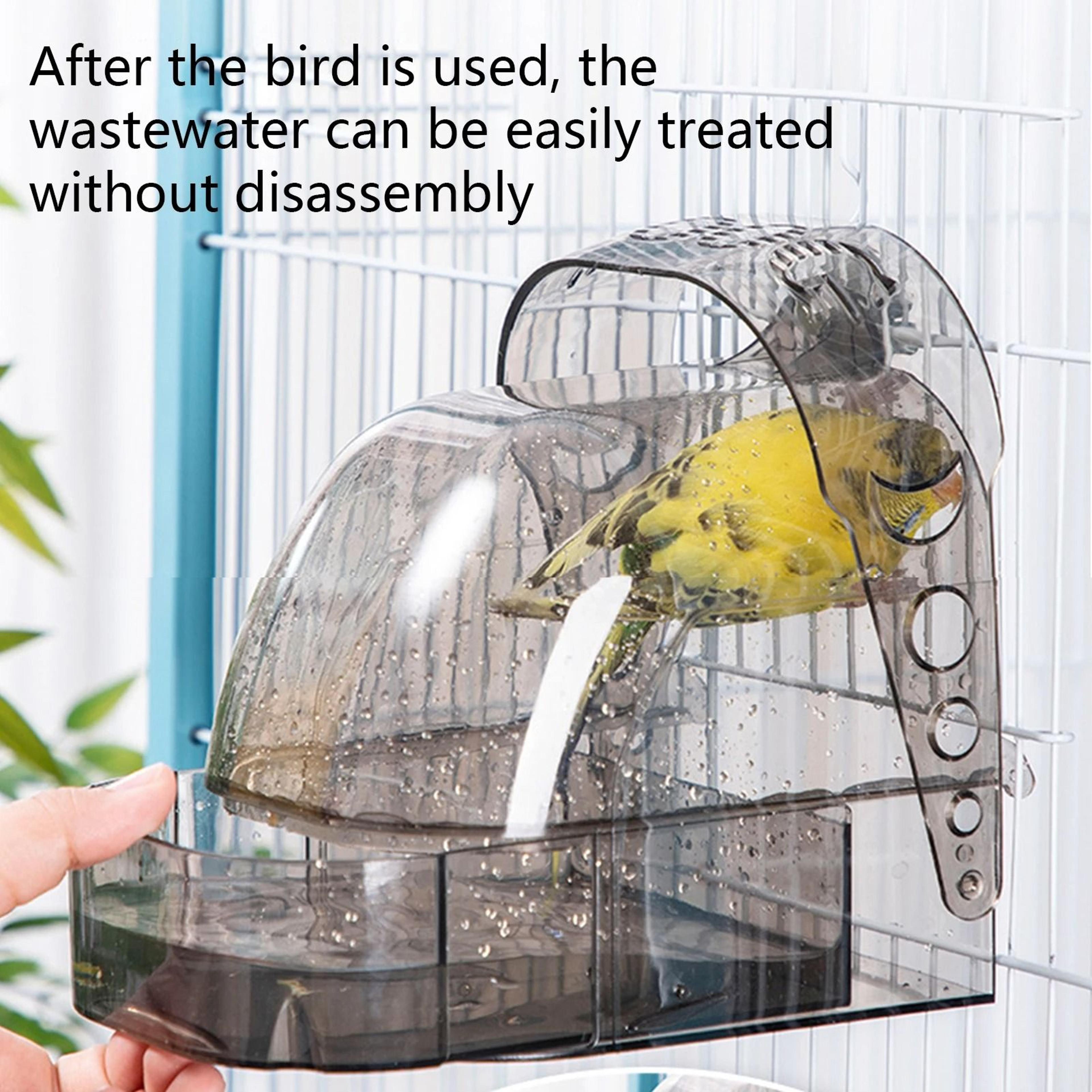large transparent bird bath box with removable drawer for small to medium birds