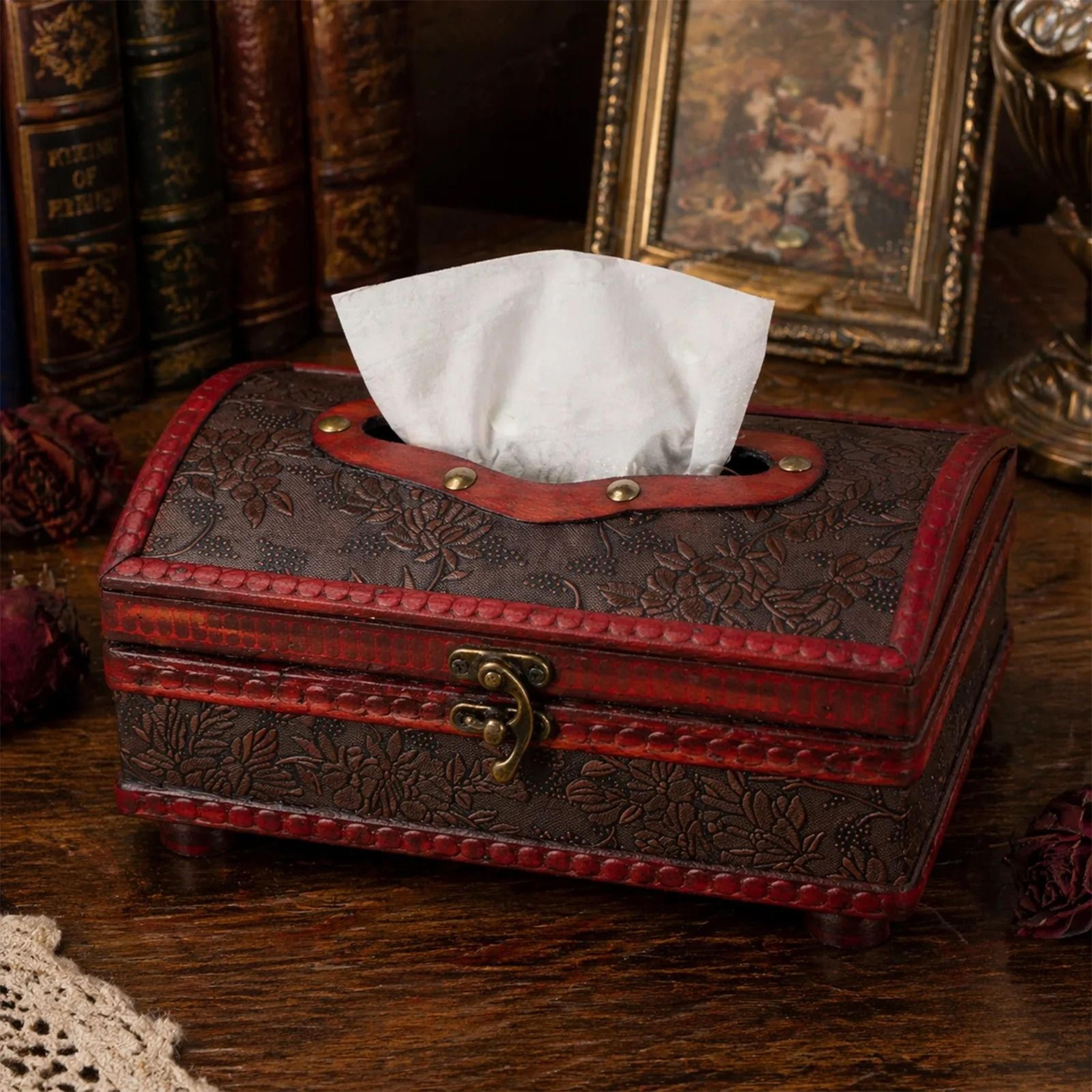 vintage elegant wooden tissue box cover retro floral embossed leather holder