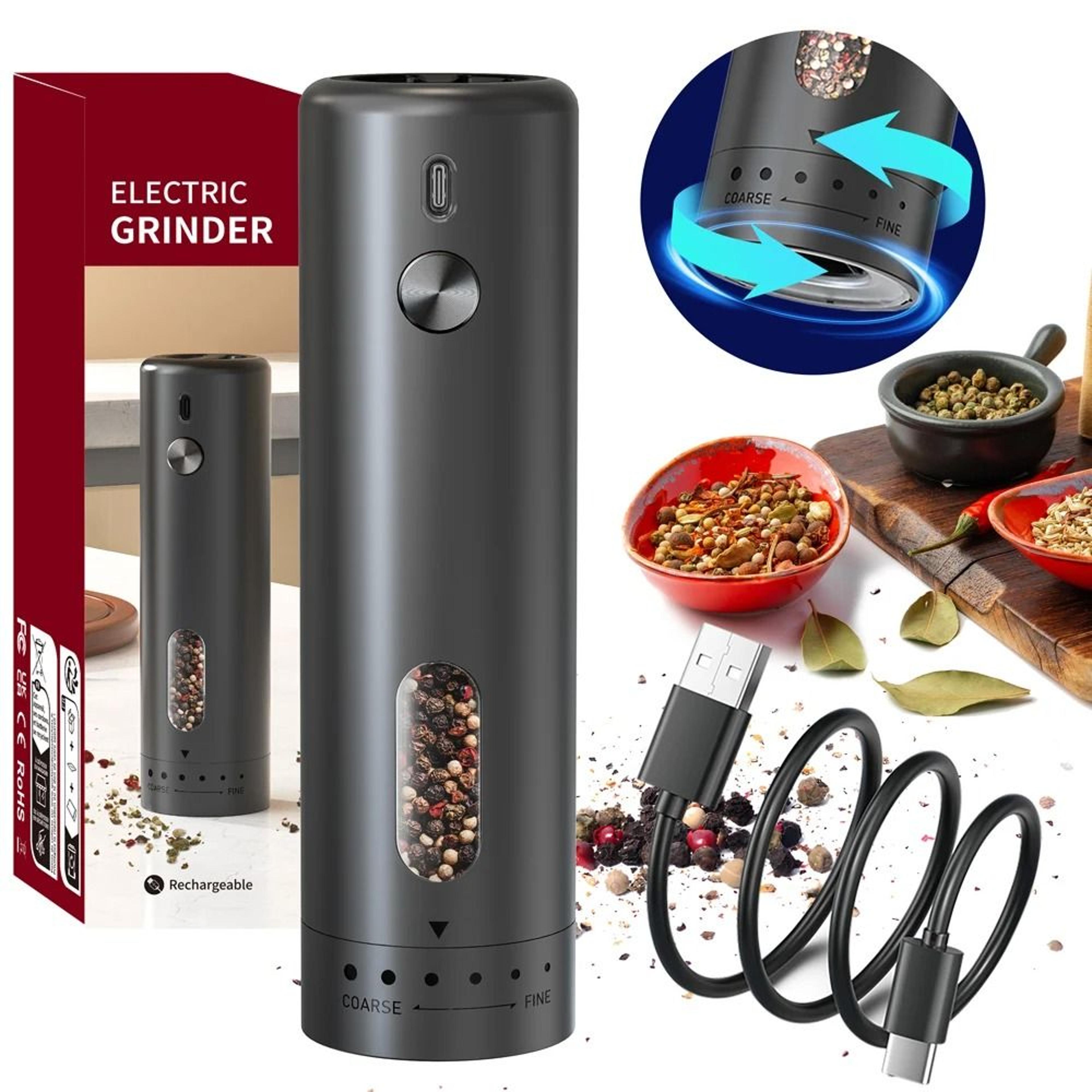 cordless one touch salt and pepper mill set with led light and adjustable coarseness