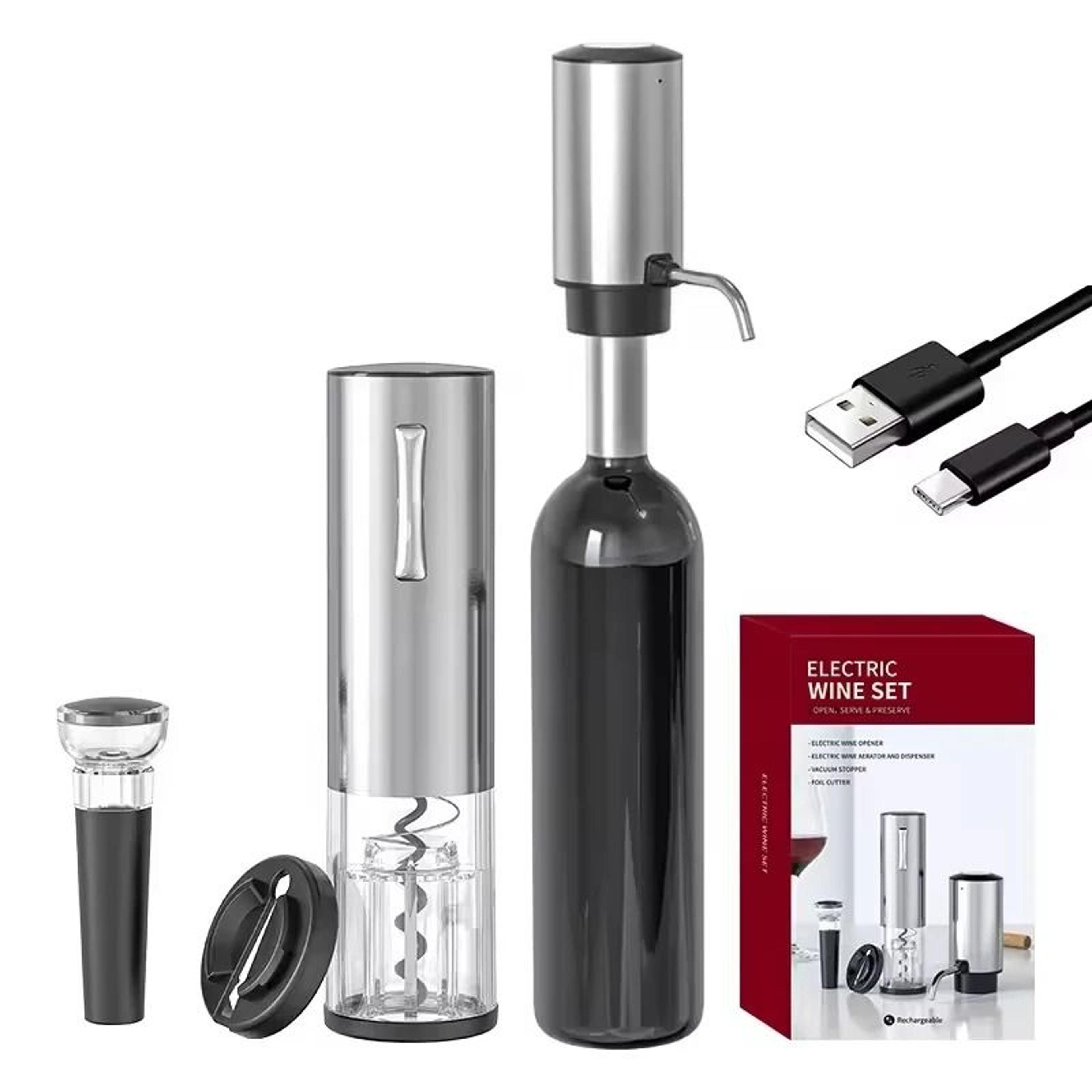 lithium rechargeable 4 in 1 electric wine opener set with foil cutter aerator pourer and vacuum stopper