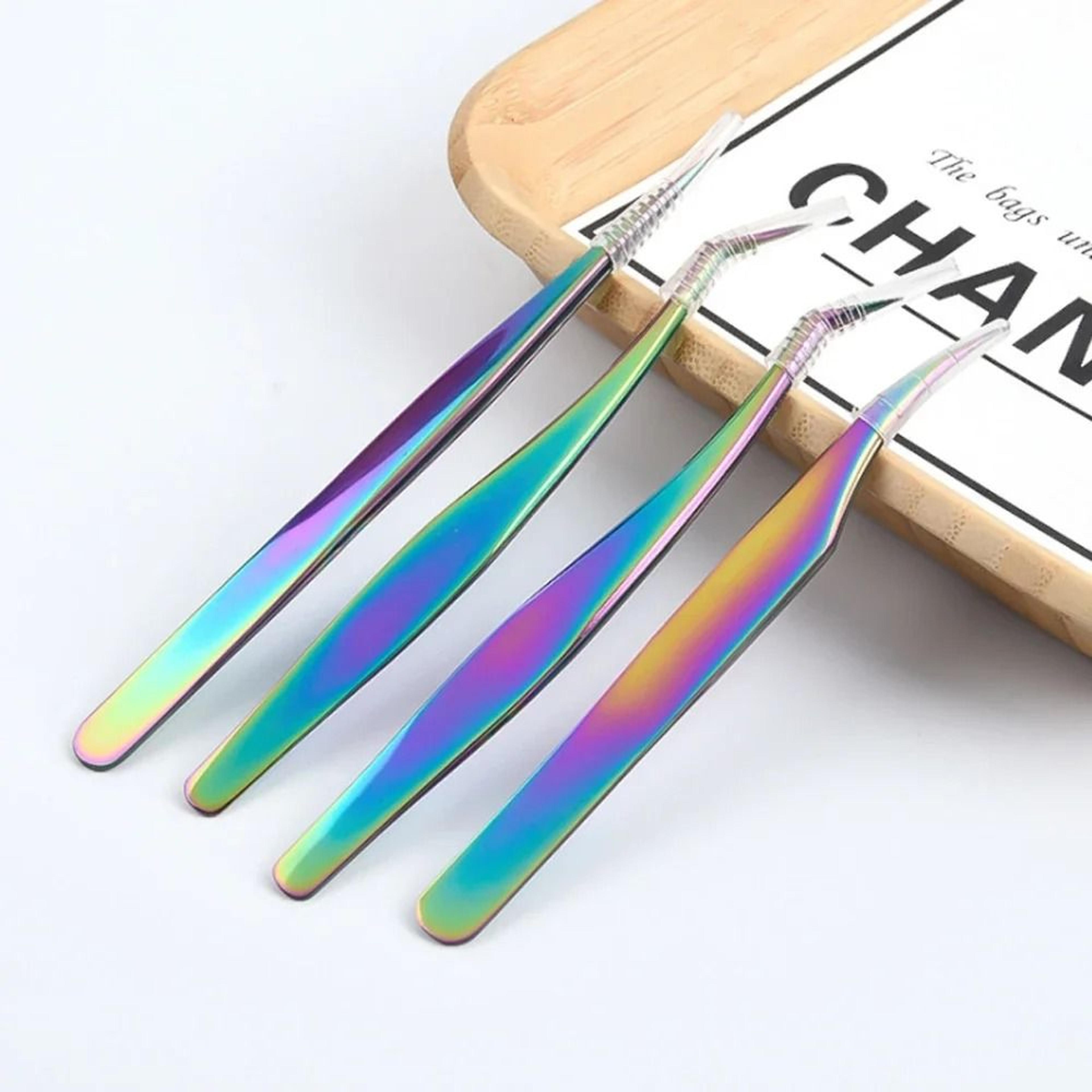 rainbow stainless steel eyelash extension tweezers with precision anti-static curved and straight tips