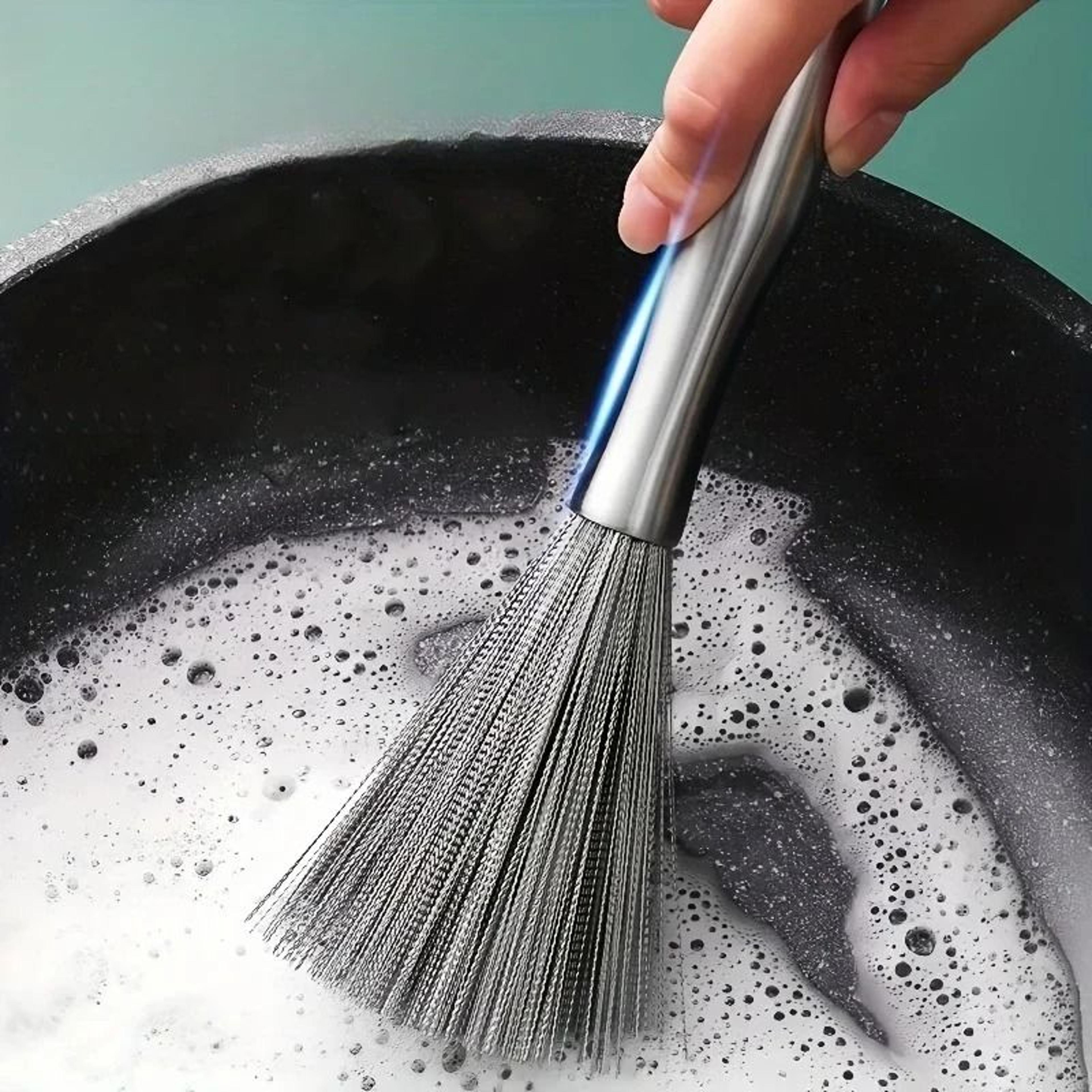 stainless steel pan brush with long handle for pot scraping and heavy duty dishwashing