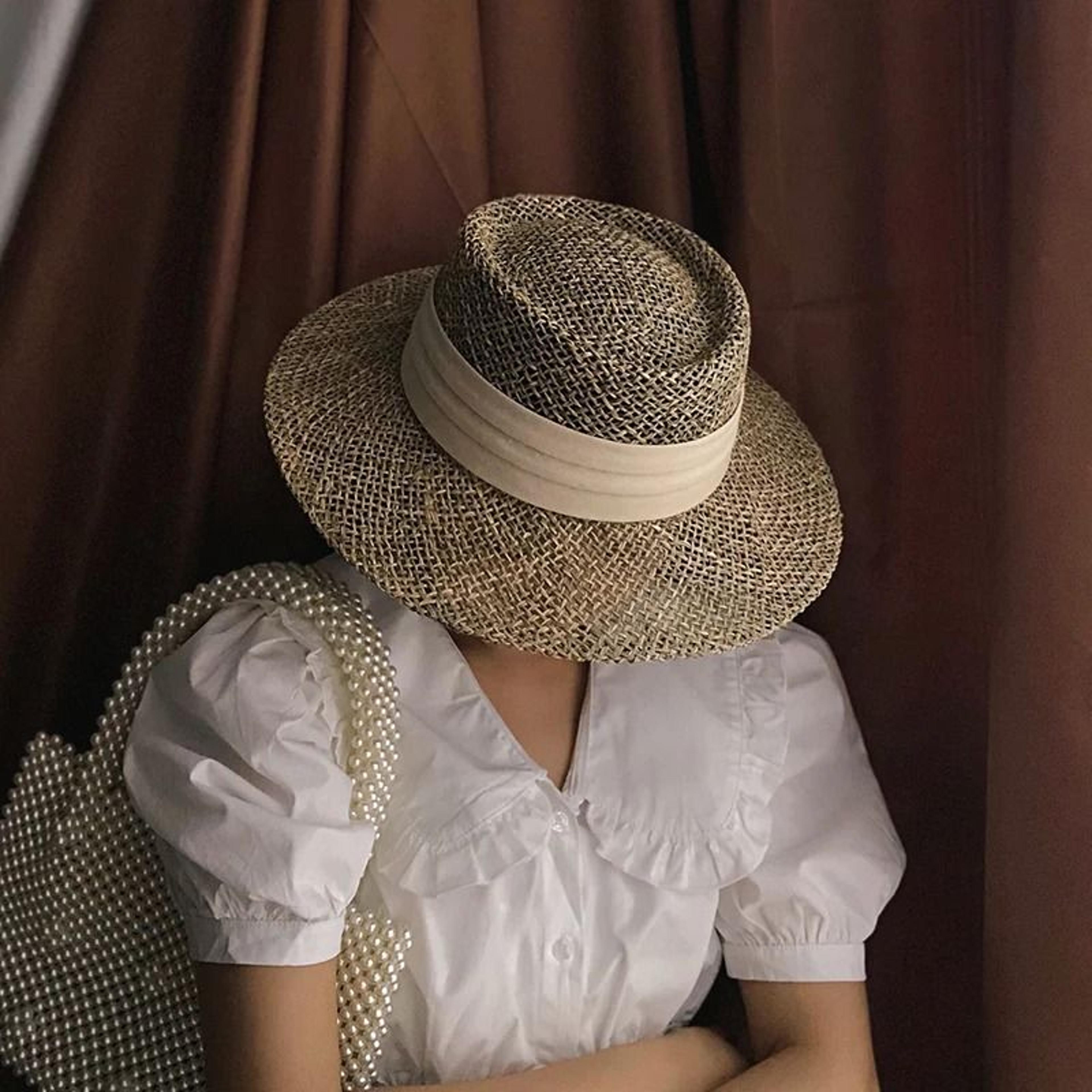 handmade woven straw beach hat flat top panama sun protection visor