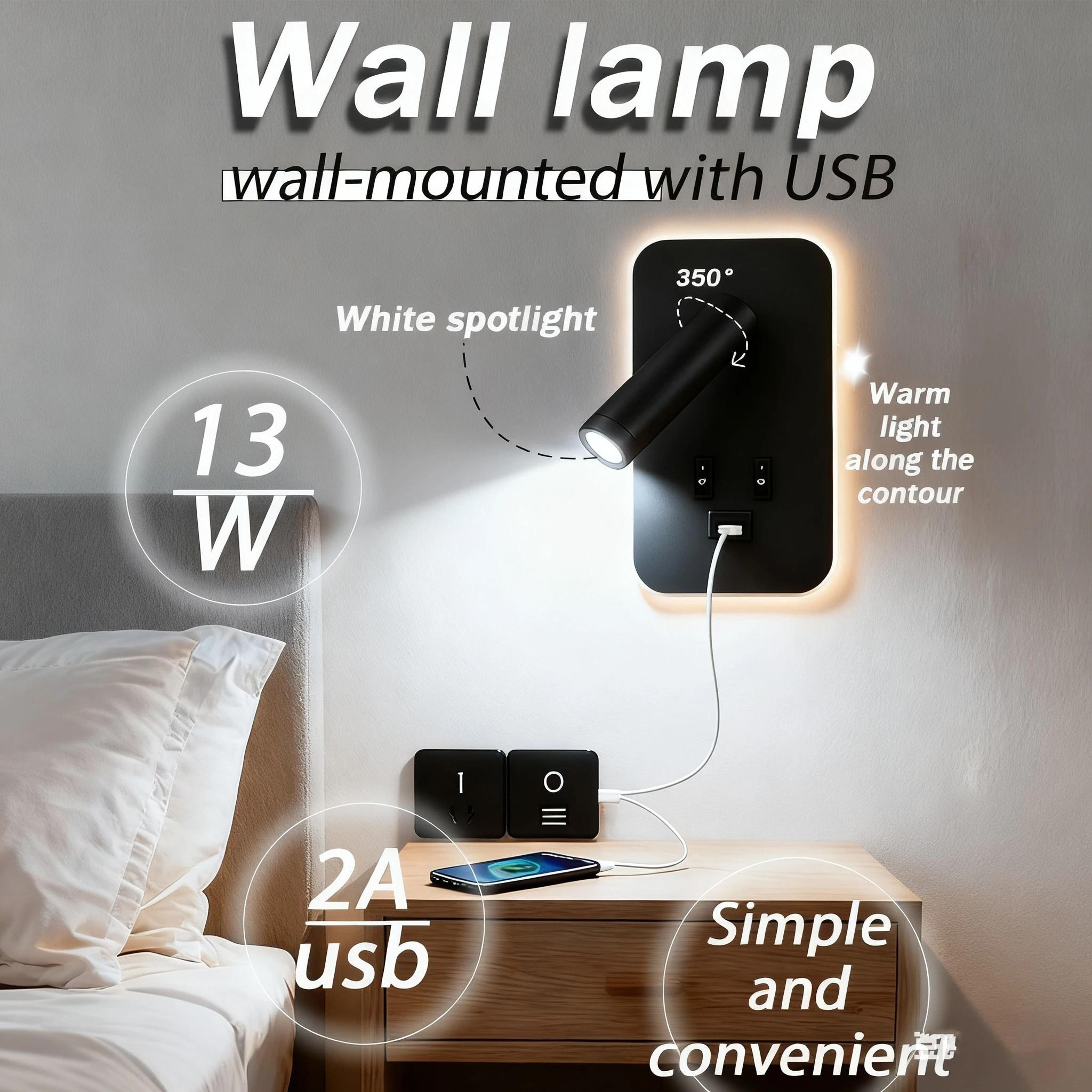reading wall lamp with usb 13w rotatable bedside wall light double switch led bedroom spot lights