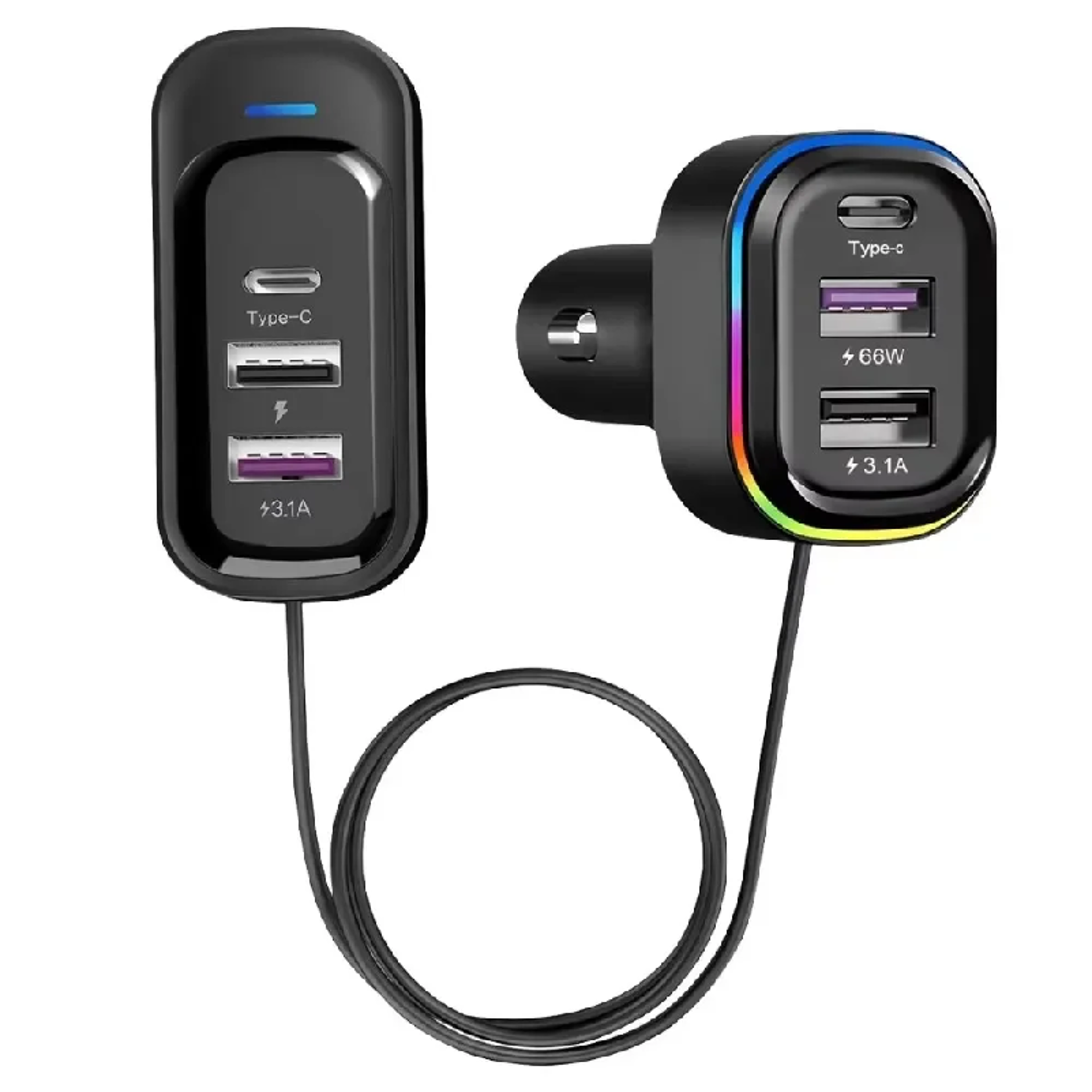 car charger with usb c fast charg rear seat extension and rgb light