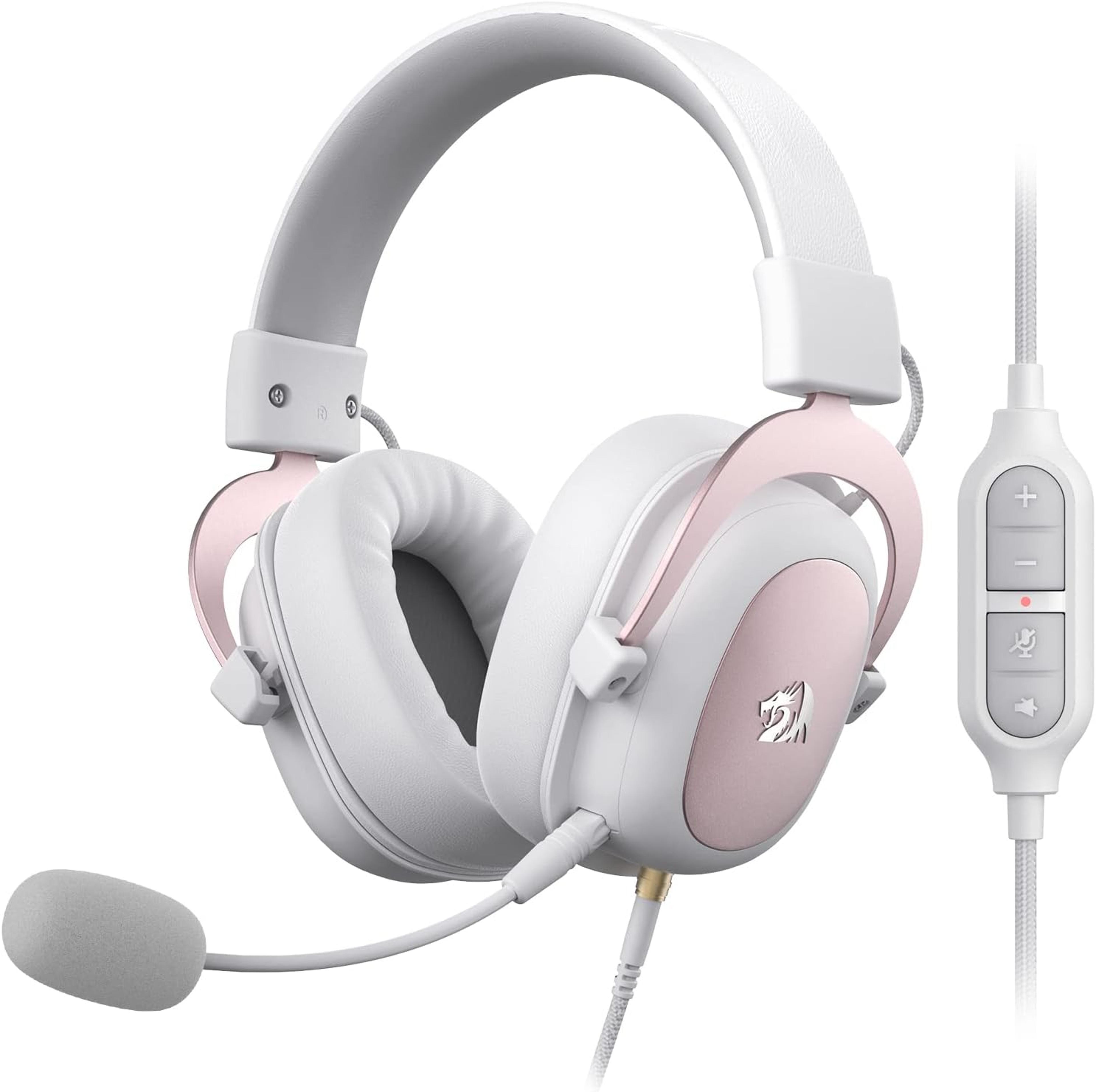 white wired gaming headset with surround sound drivers and memory foam