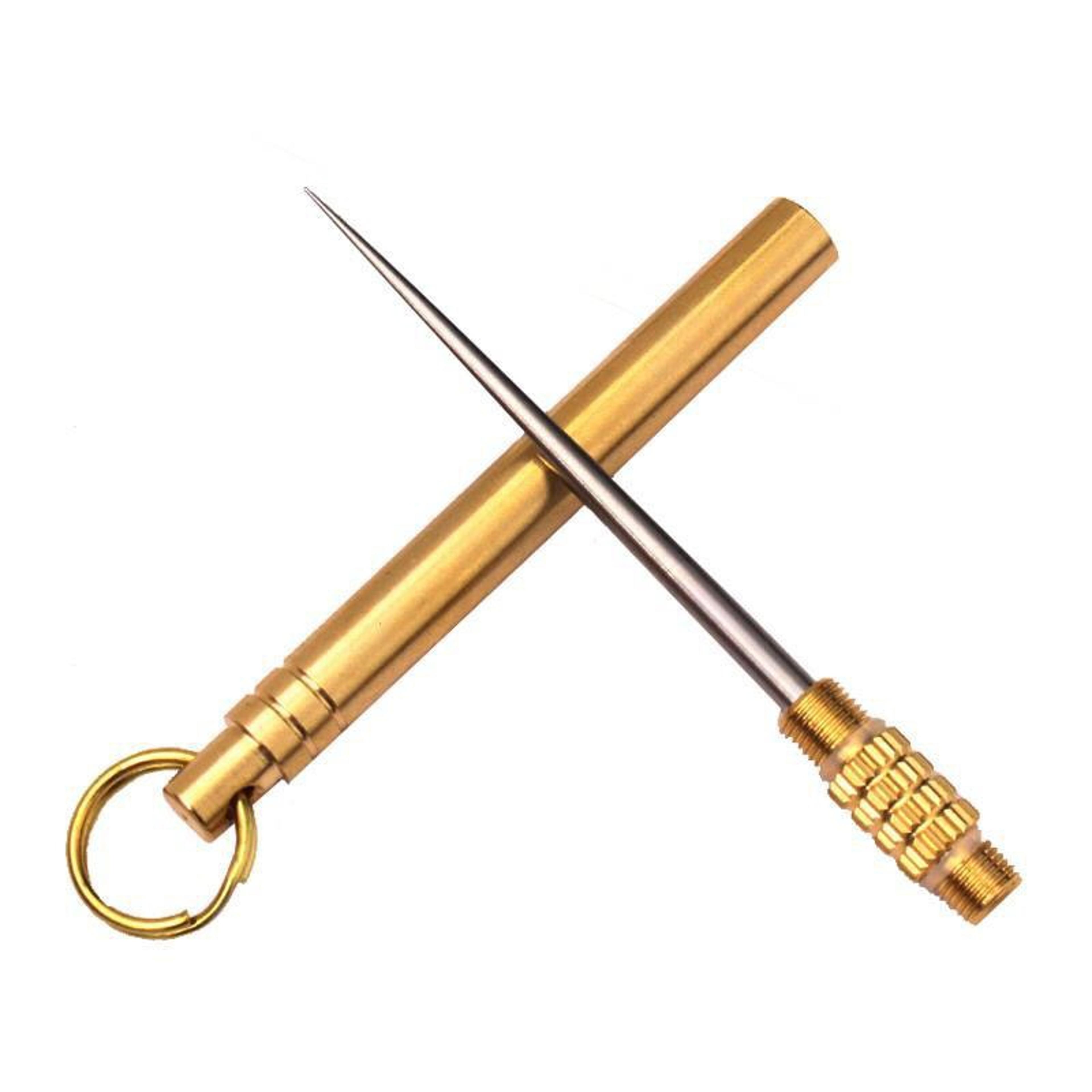 titanium reusable toothpick with brass keychain case and fruit pick