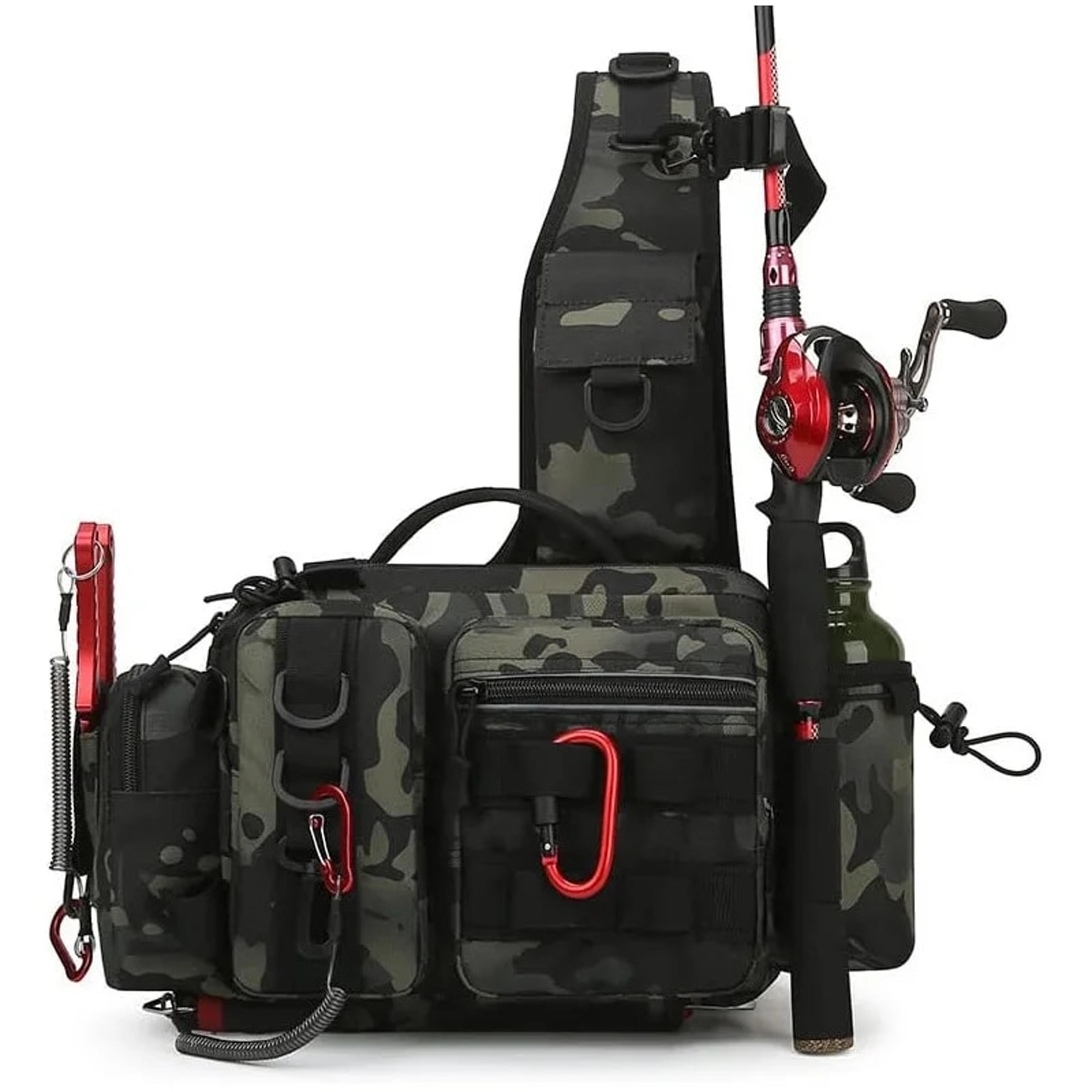 fishing tackle backpack with rod holder two layer sling gear storage bag