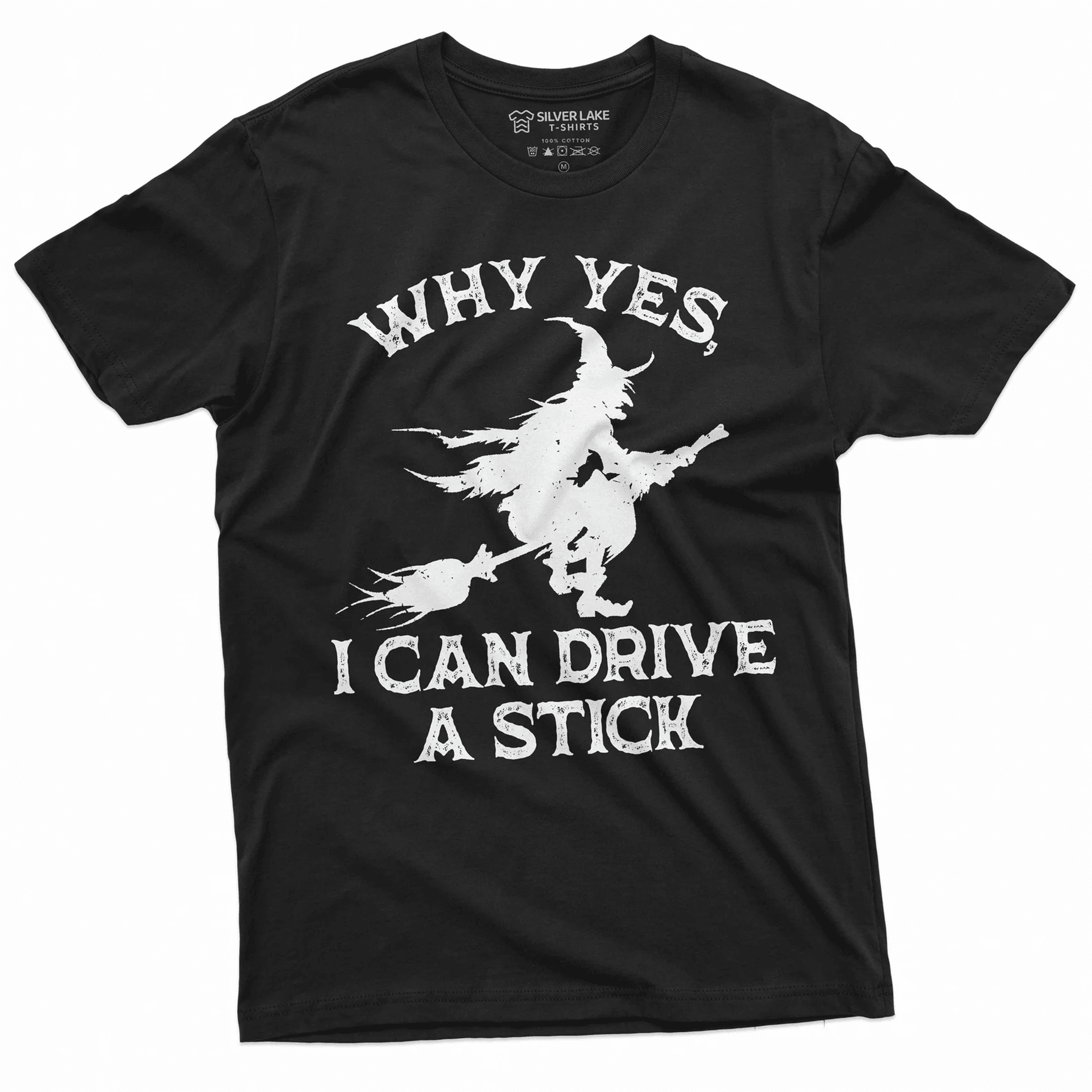 funny witch shirt i can drive a stick halloween tee