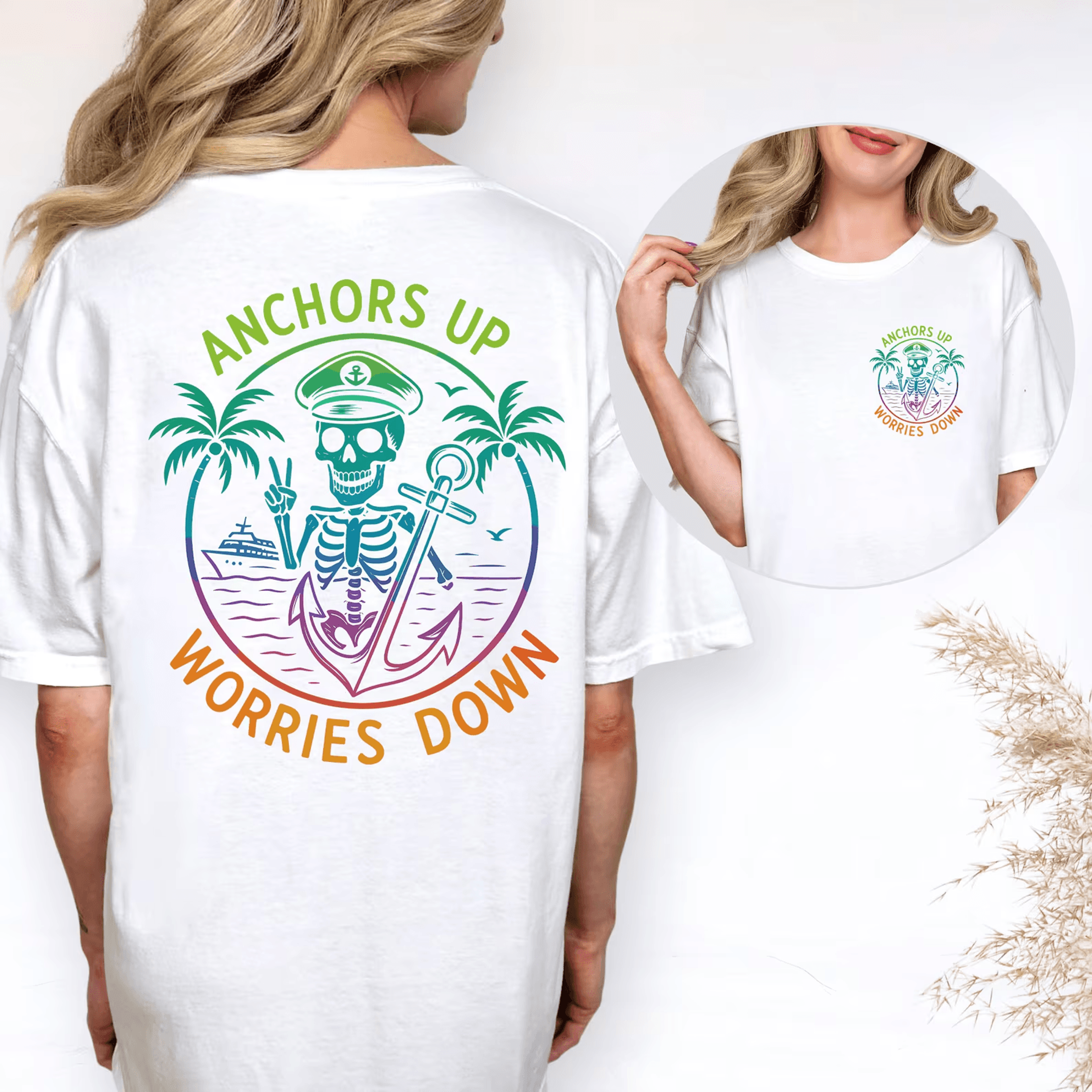 anchors up worries down cruise shirt – custom comfort colors family matching tee