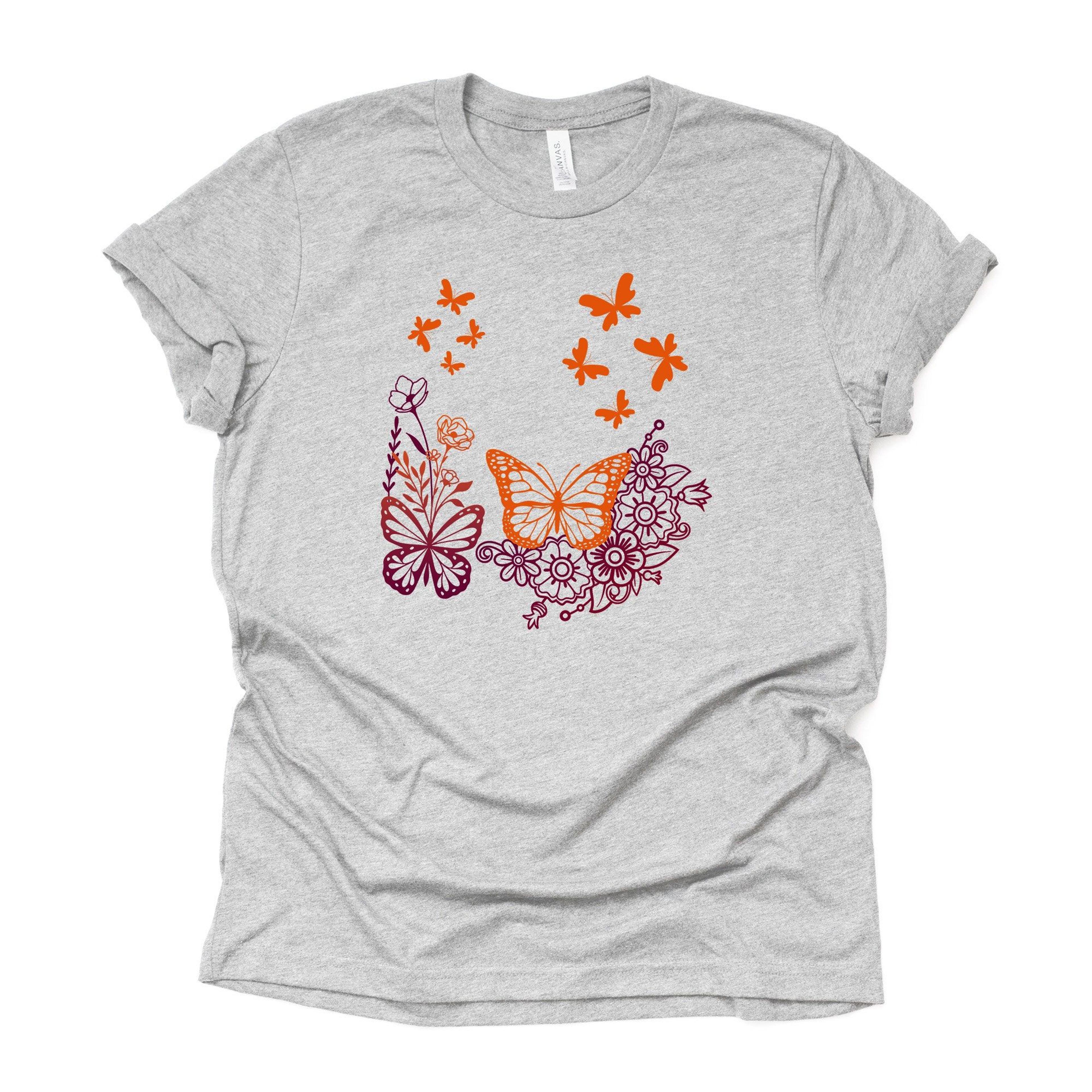 butterfly tee, orange maroon floral design, unisex bella canvas shirt
