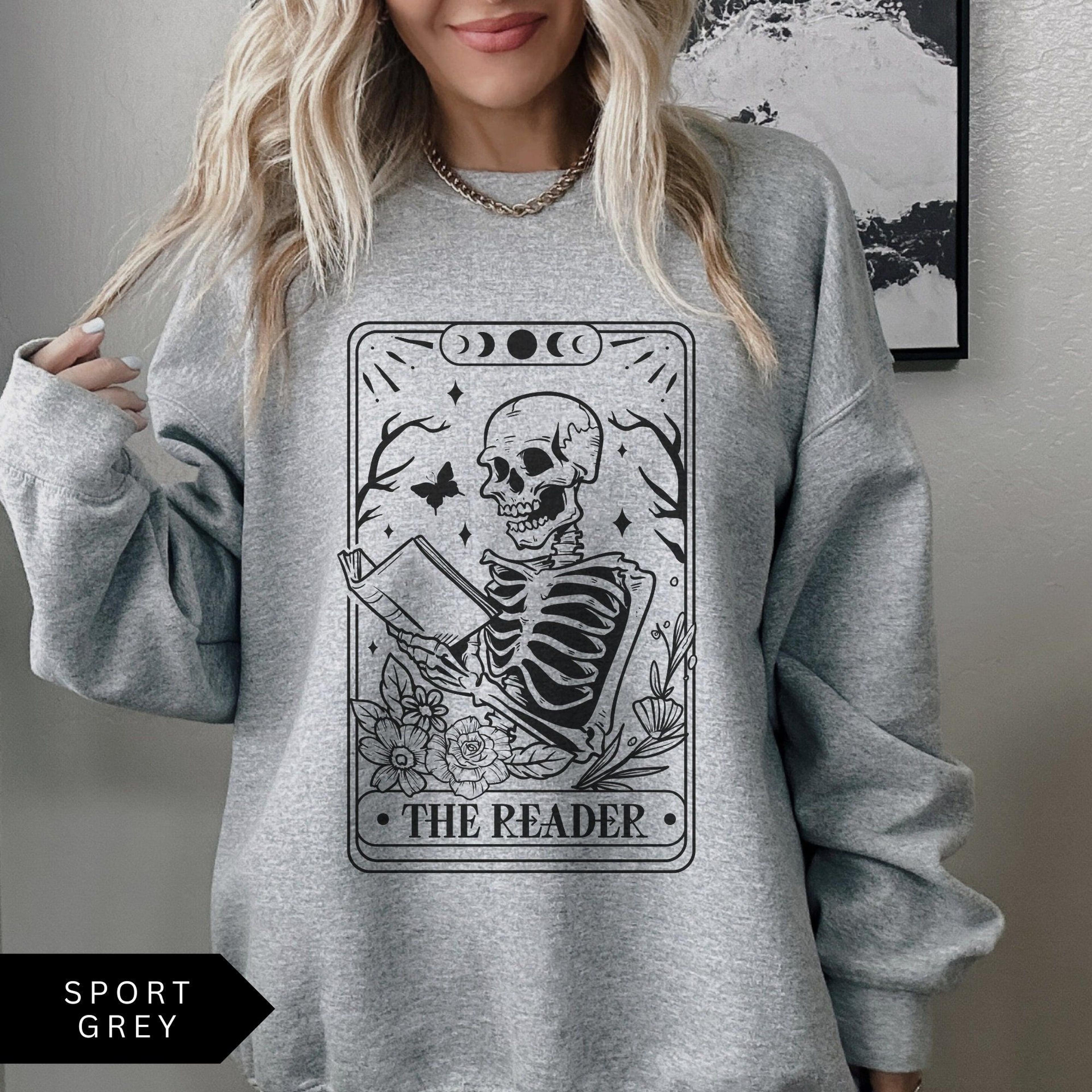 the reader tarot card sweatshirt, book lover gift, bookish shirt, skeleton reading shirt, tarot card sweatshirt