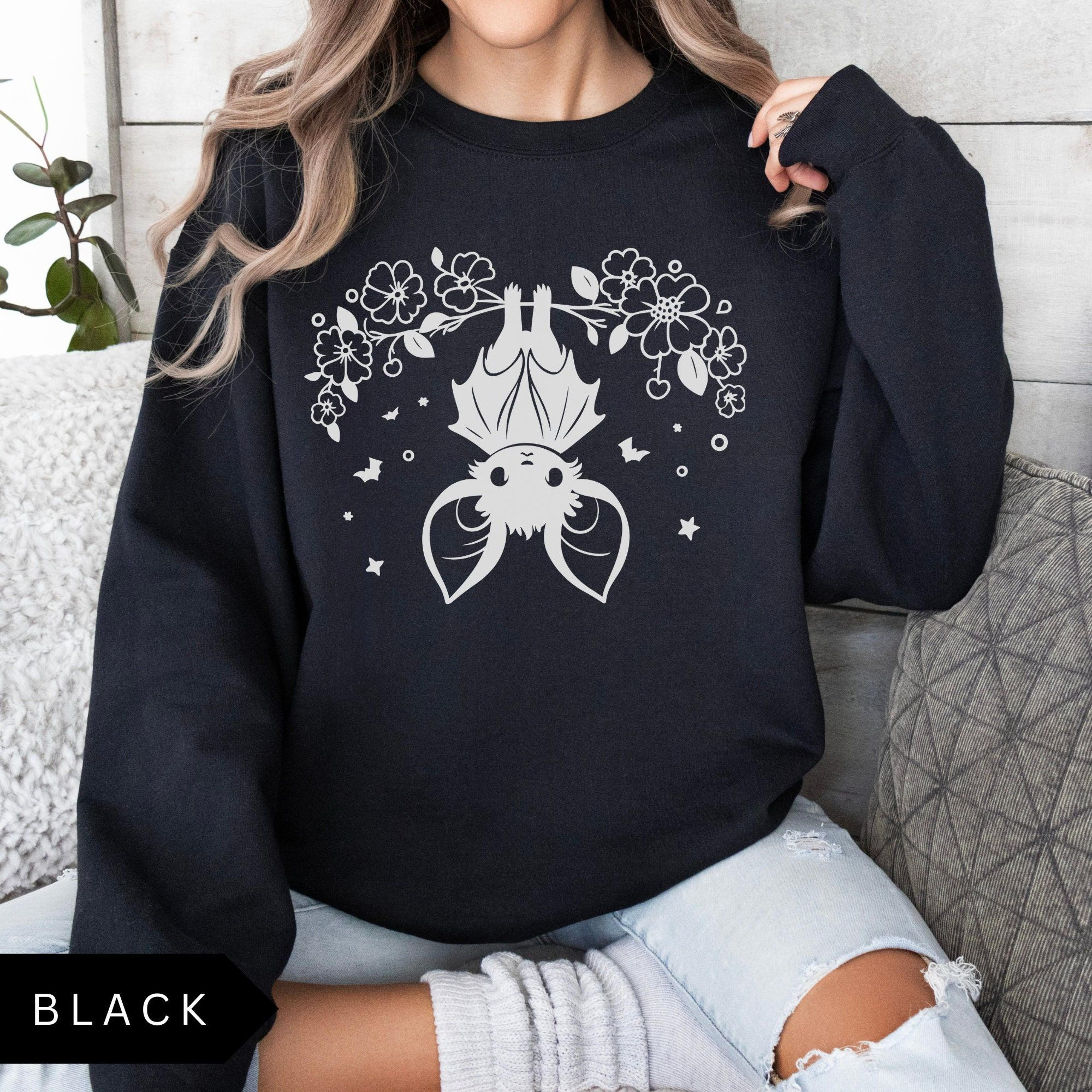 bat sweatshirt, cute upside down bat shirt, floral bat sweatshirt, women's halloween sweatshirt, trendy halloween aesthe