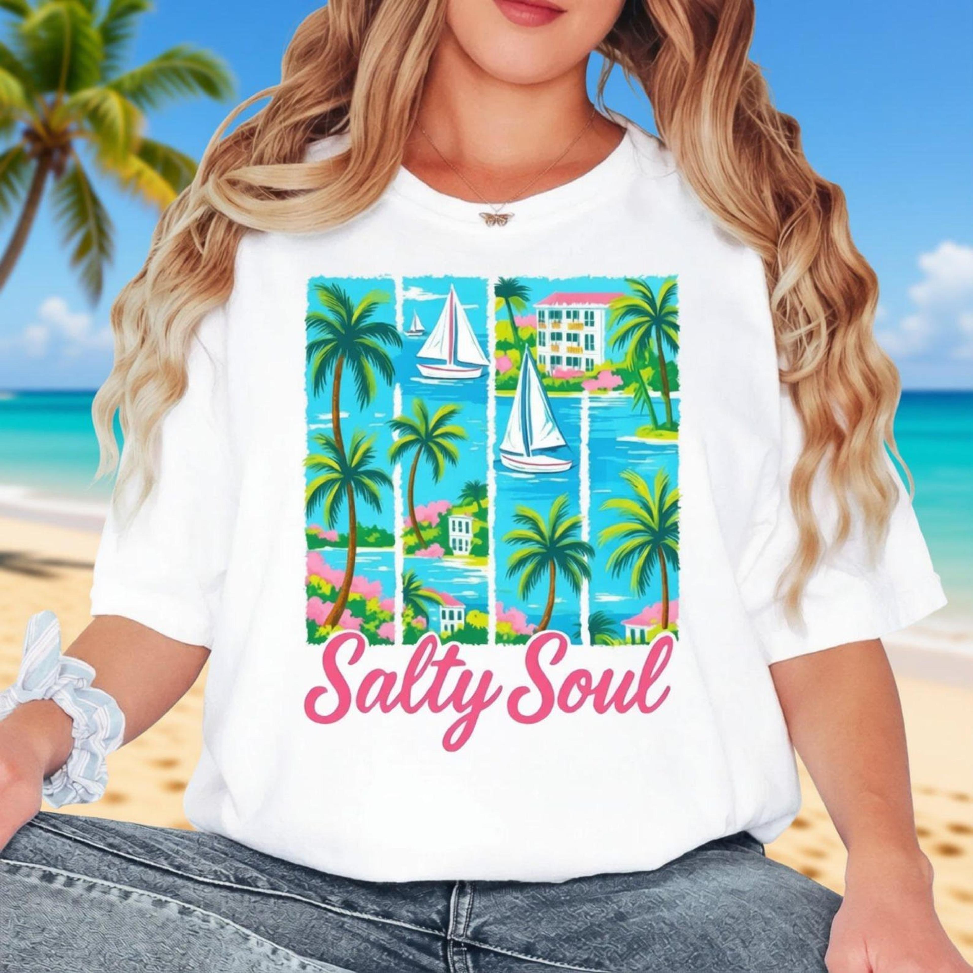 comfort colors beach vacation shirt | salty soul coastal palm graphic tee for summer & ocean lovers
