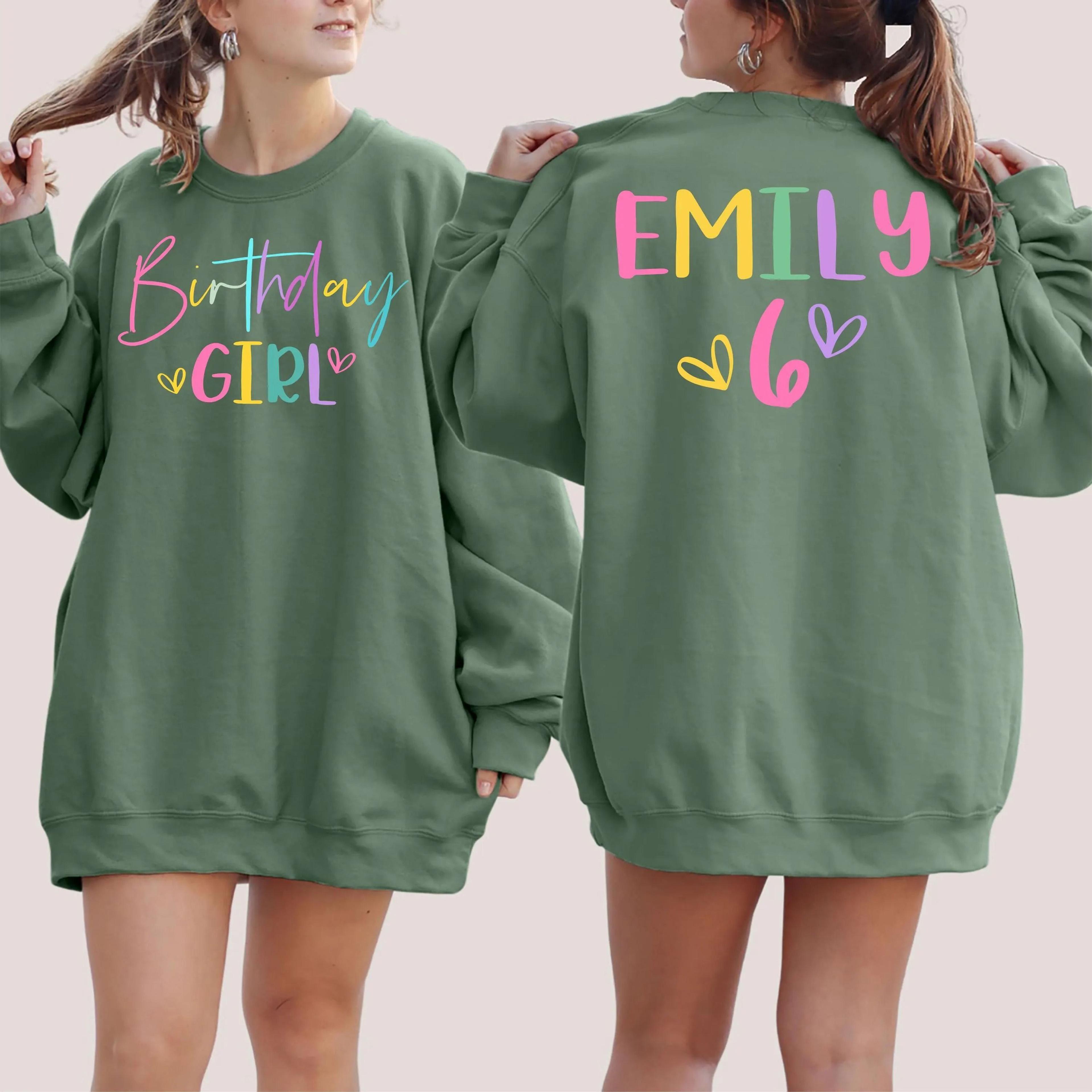birthday girl sweatshirt, personalized name and age sweater, kids birthday outfit, custom back birthday sweatshirt