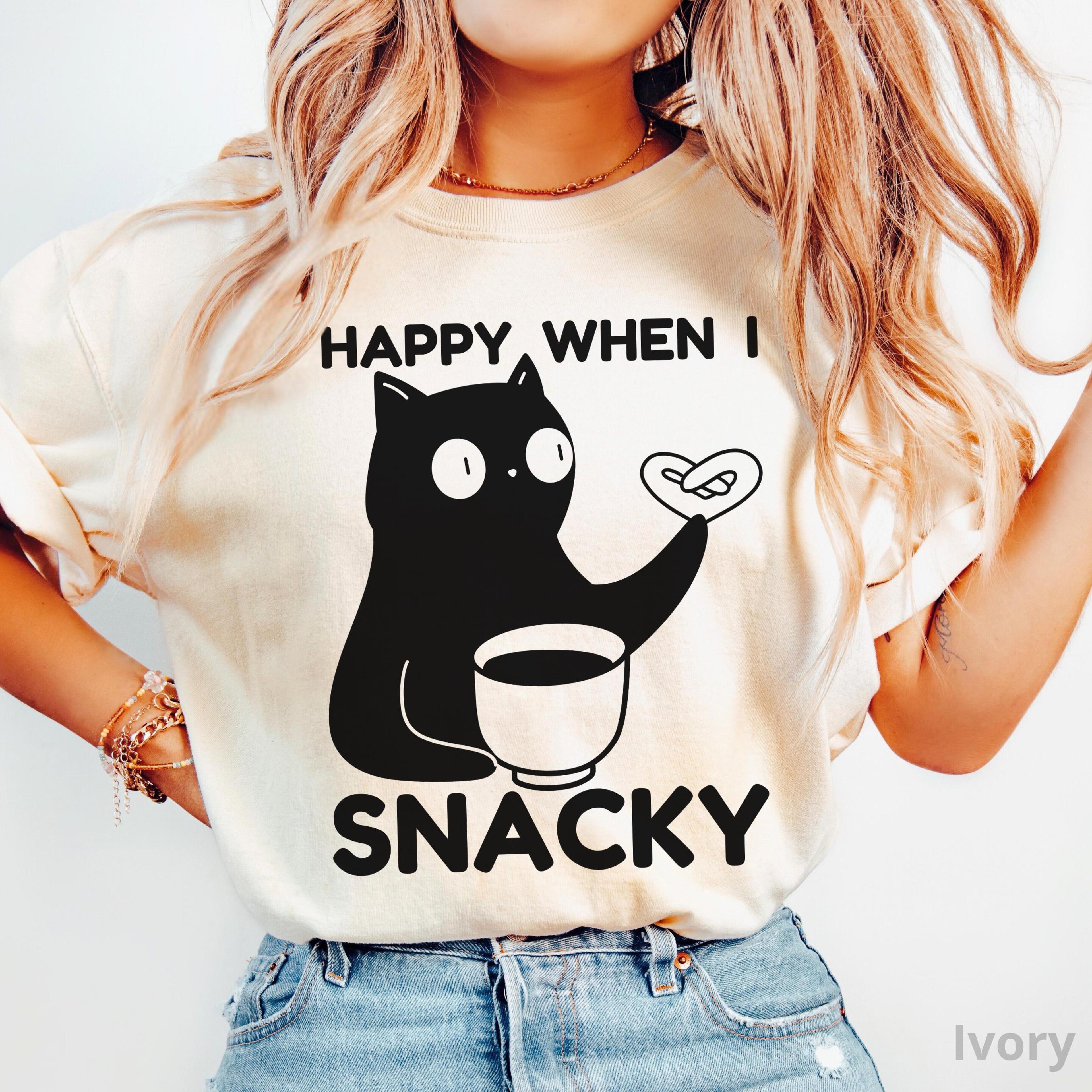 happy when i snacky cat shirt 100% cotton funny snack coffee lover unisex graphic tee