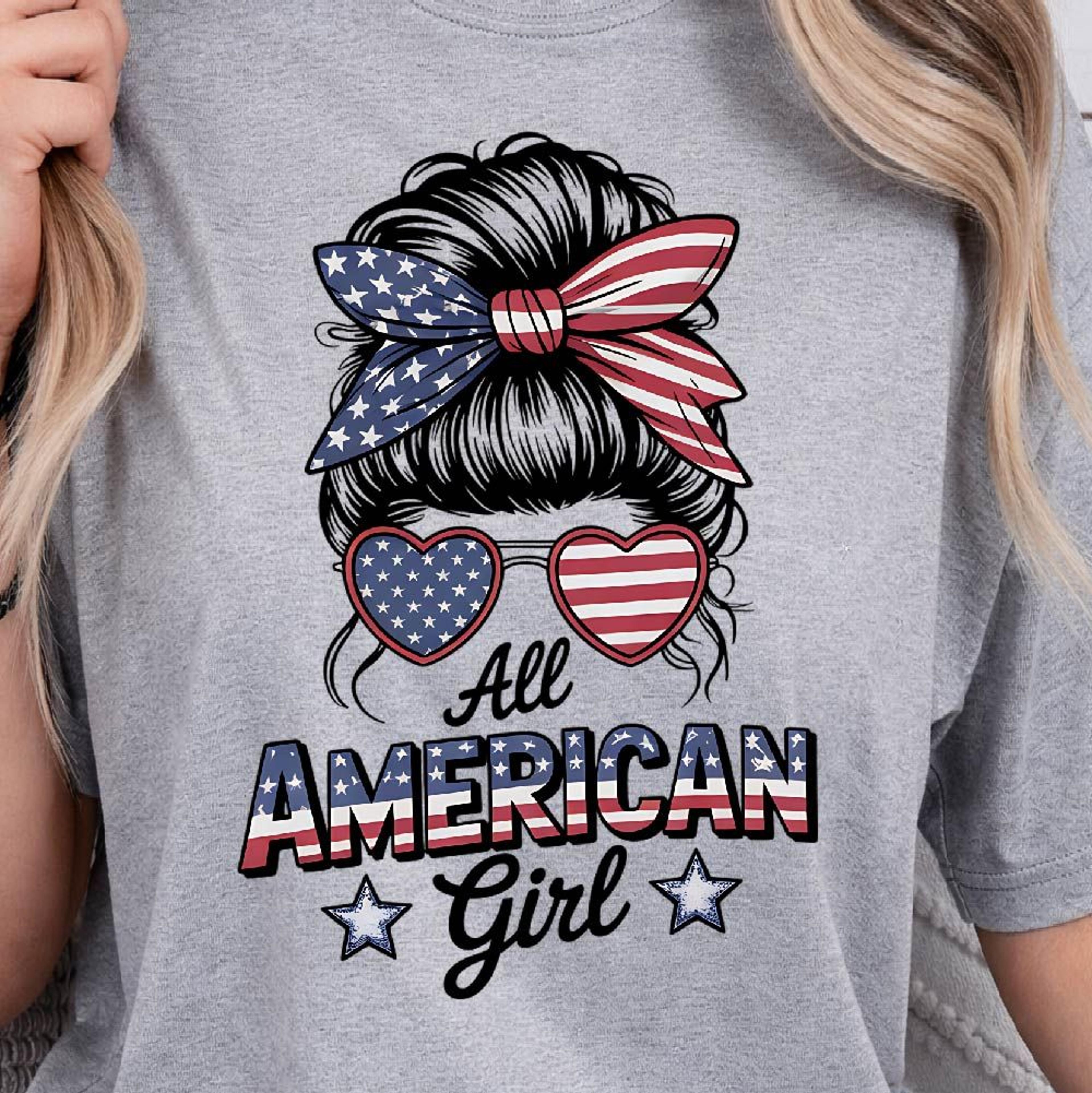 all american girl messy bun 4th of july graphic tee