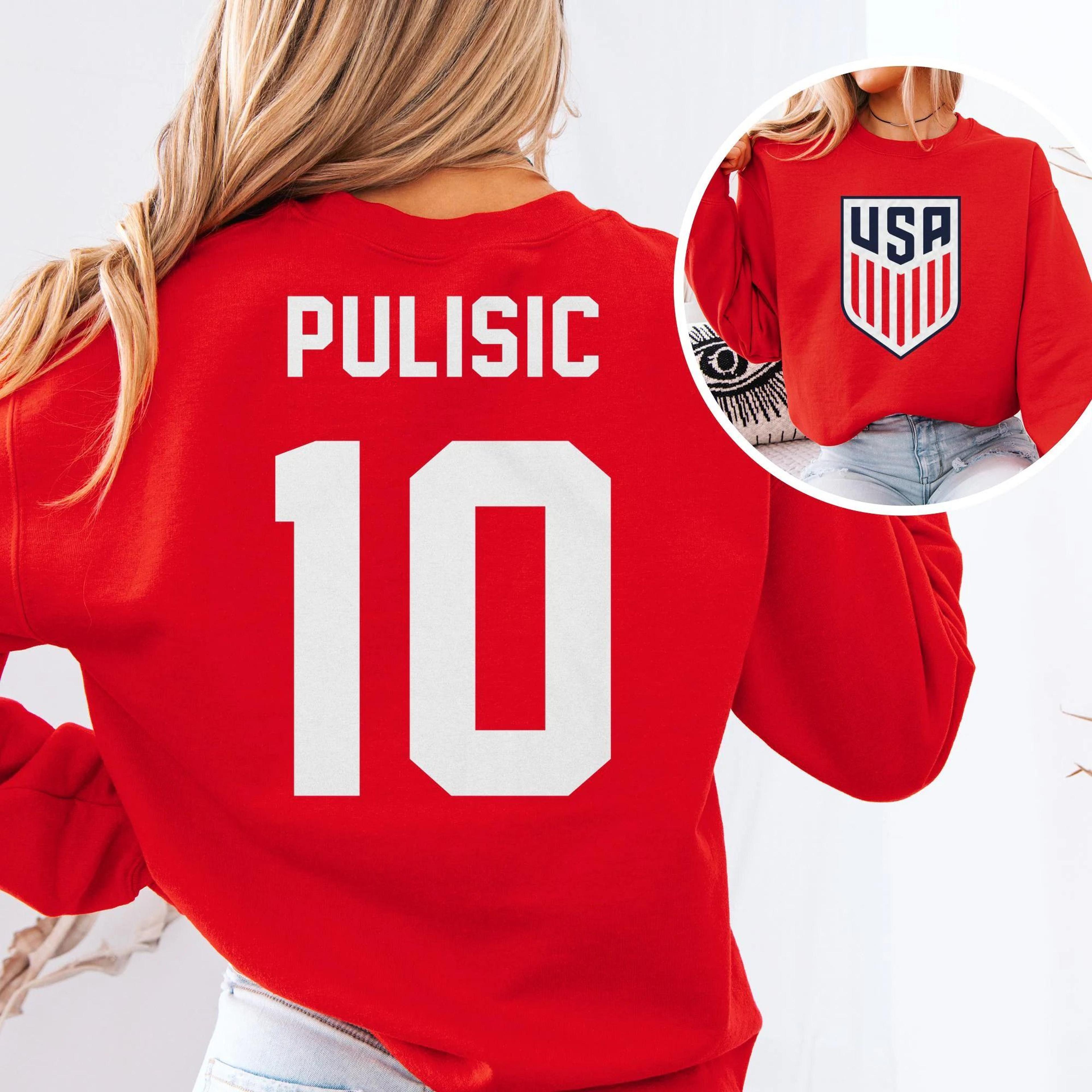 pulisic 10 usa inspired jersey logo style graphic tee, 2-sided star player tribute for fans, soccer world tournament