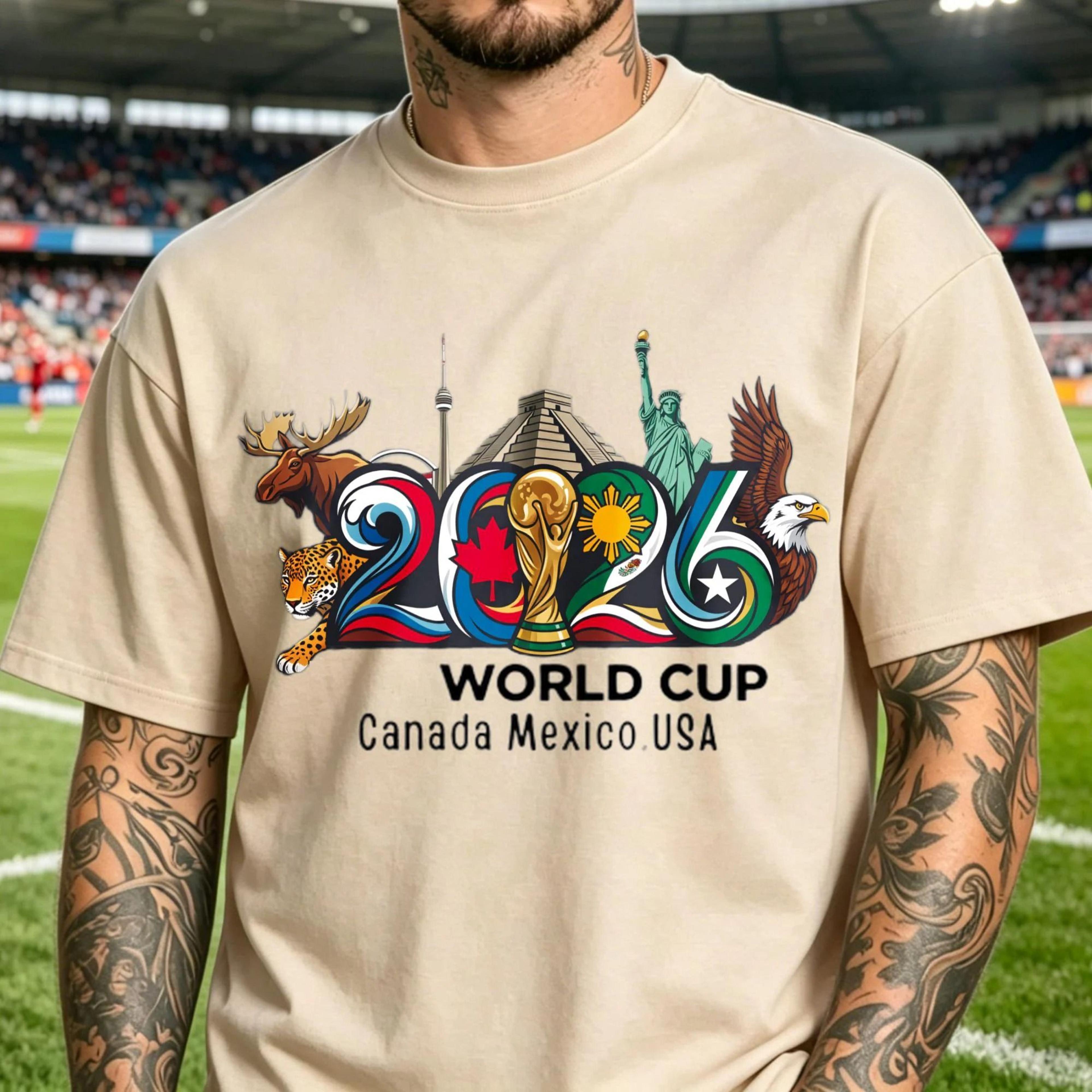 world cup 2026 commemorative t-shirt – landmarks & trophy soccer fan graphic tee