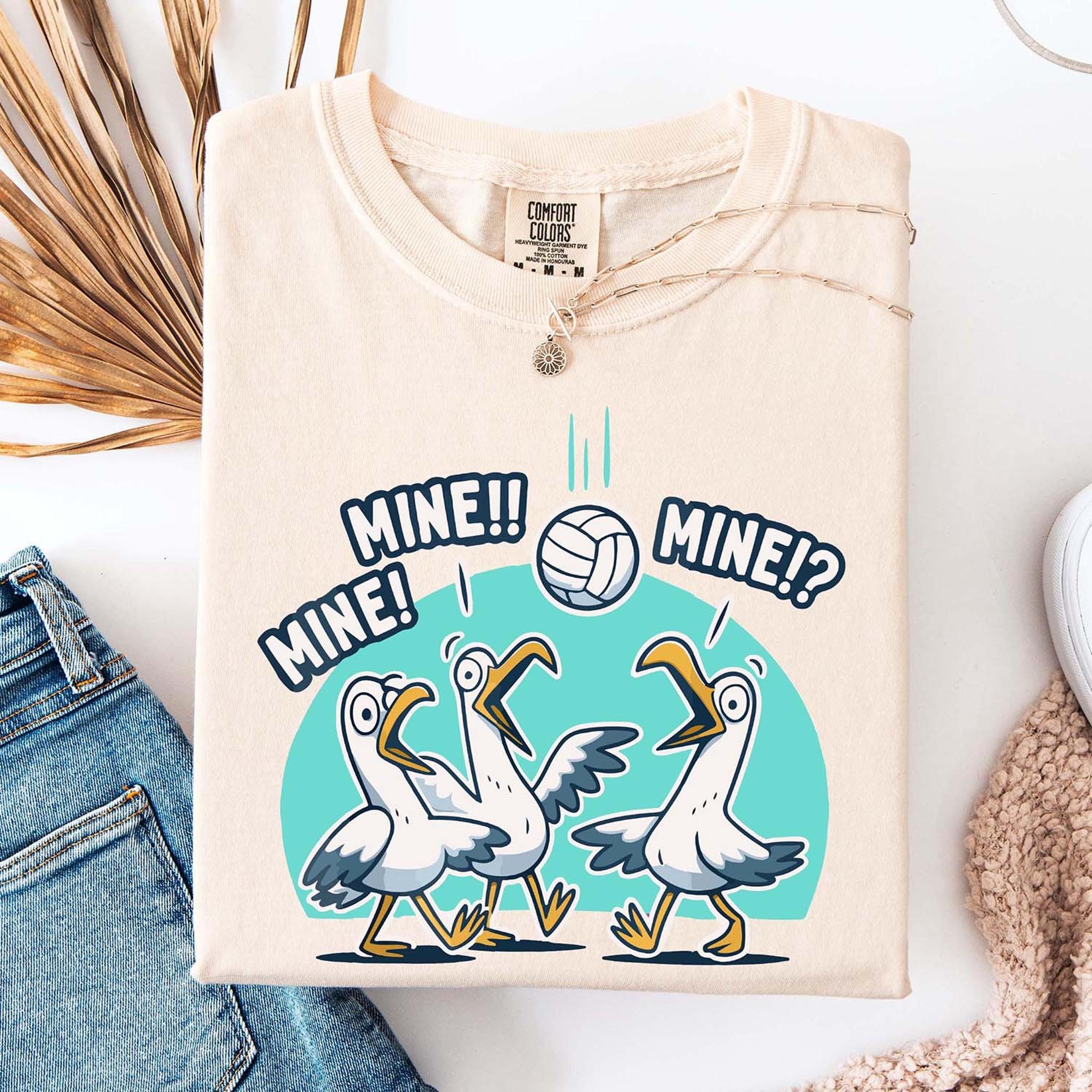 funny volleyball seagull shirt, mine mine seagulls tee, beach volleyball t-shirt, summer coastal humor graphic tee