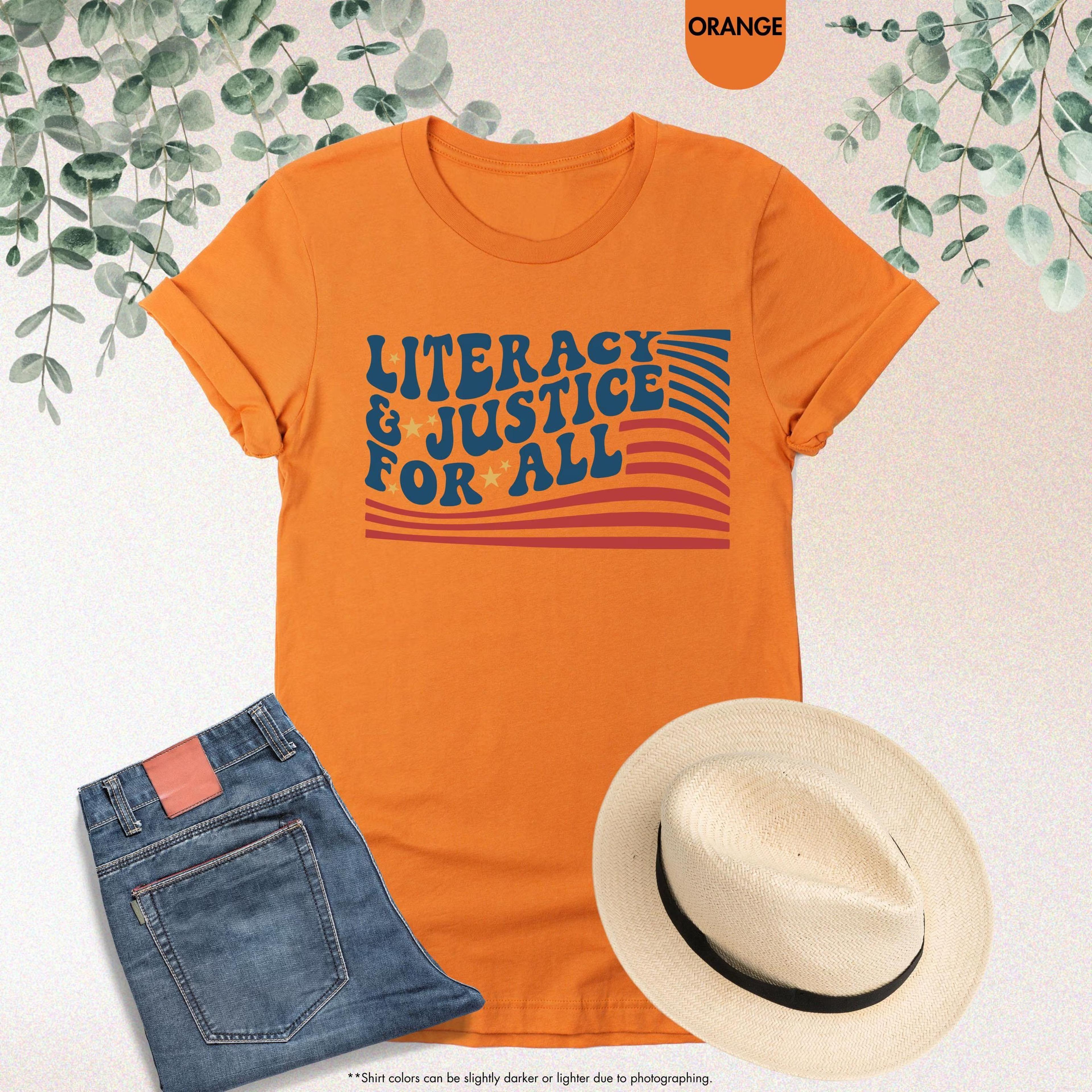 literacy and justice for all shirt | reading teacher shirt | american flag book lover graphic tee