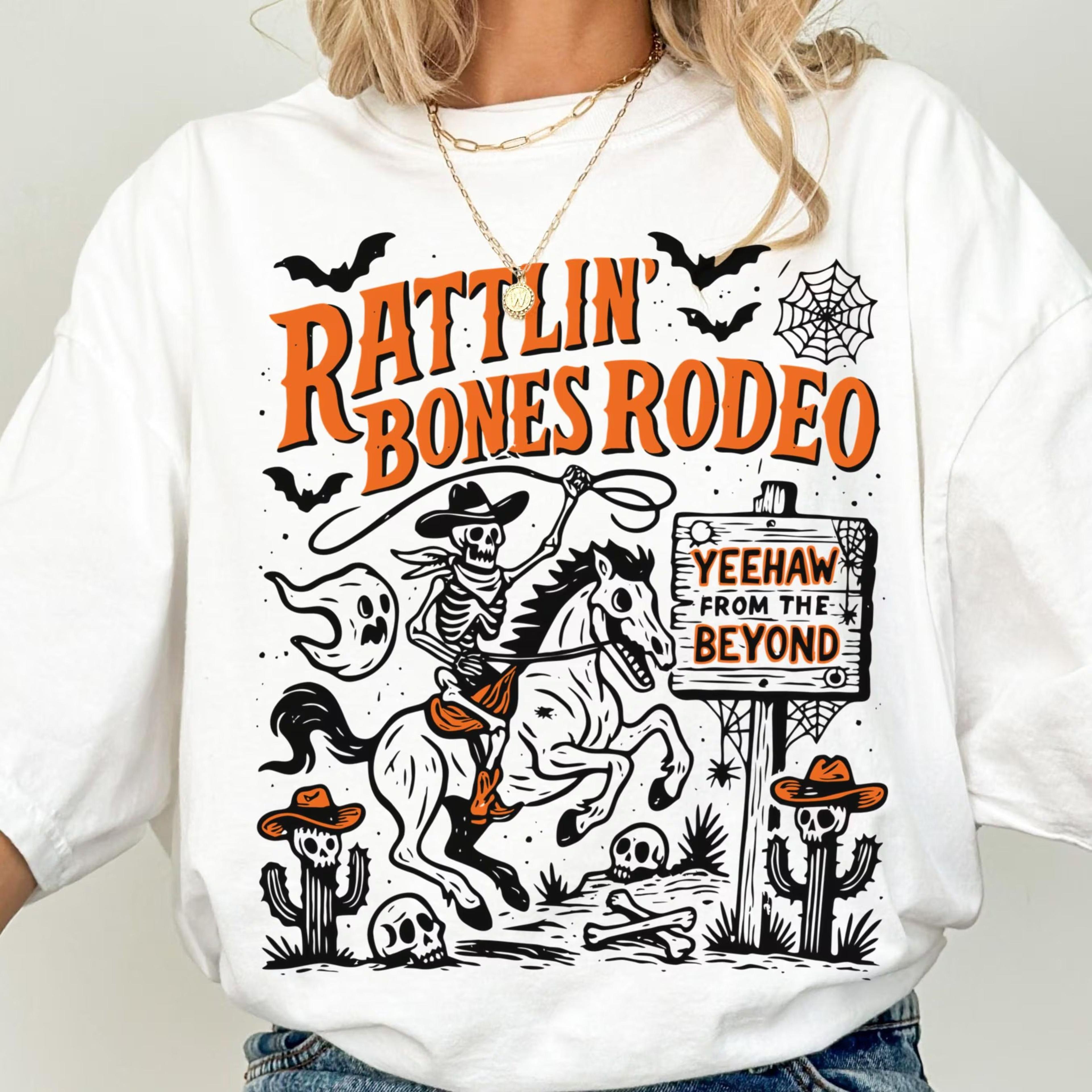 western skeleton halloween shirt | funny haunted rodeo tee | pumpkin spooky season graphic t-shirt