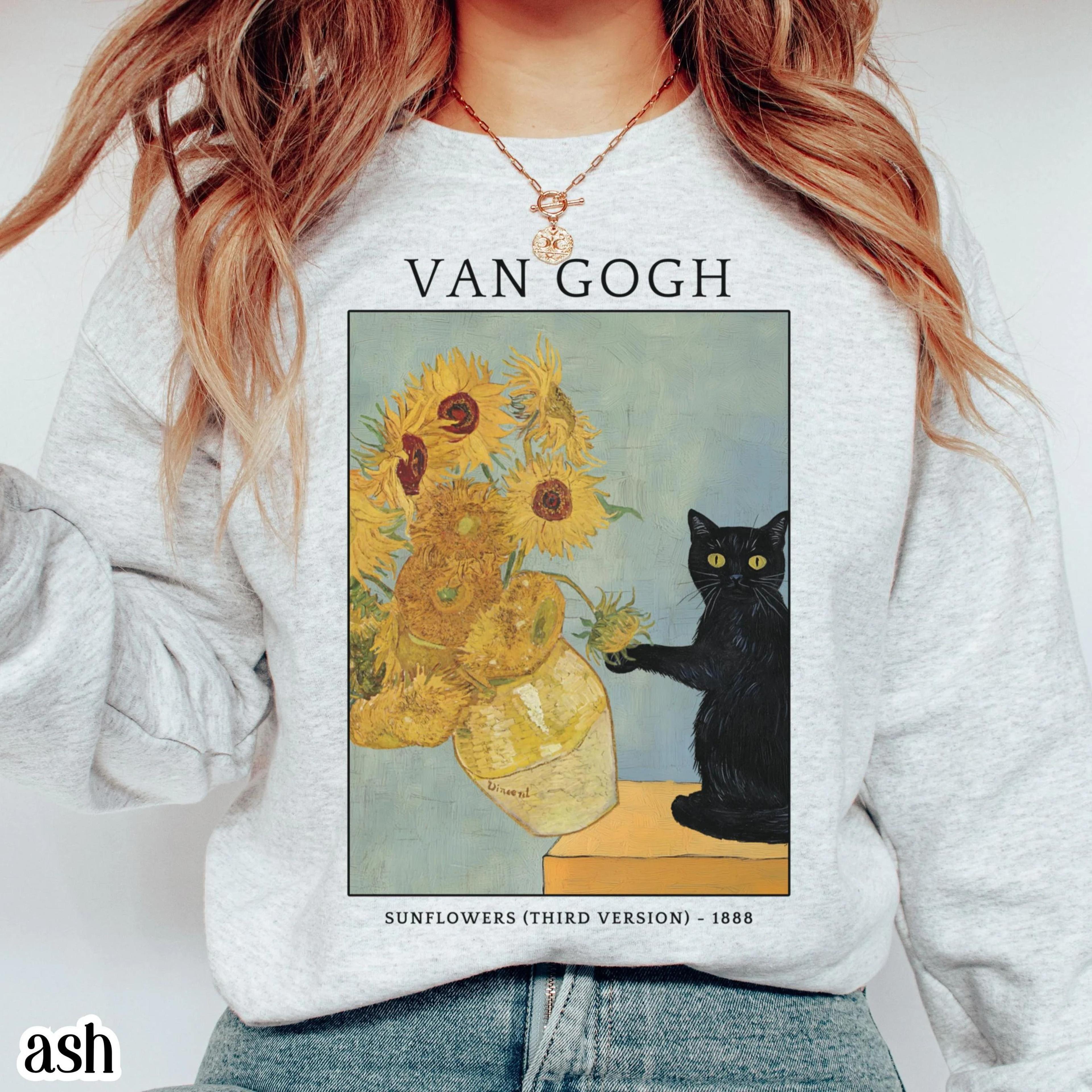 funny cat sweatshirt | van gogh inspired black cat crewneck | artistic kitty lover sweater