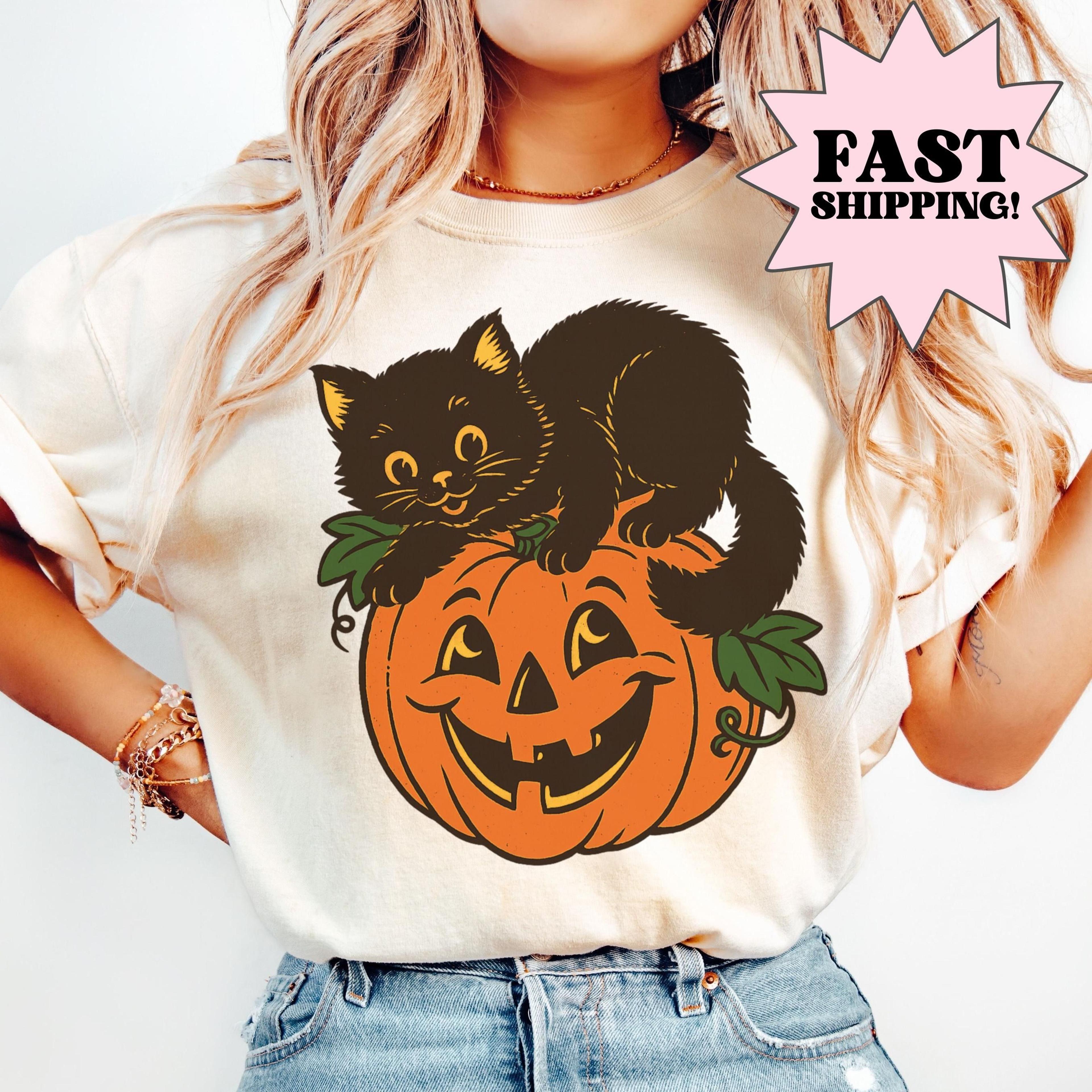 vintage halloween cat shirt | cute black cat pumpkin tee | spooky season graphic t-shirt