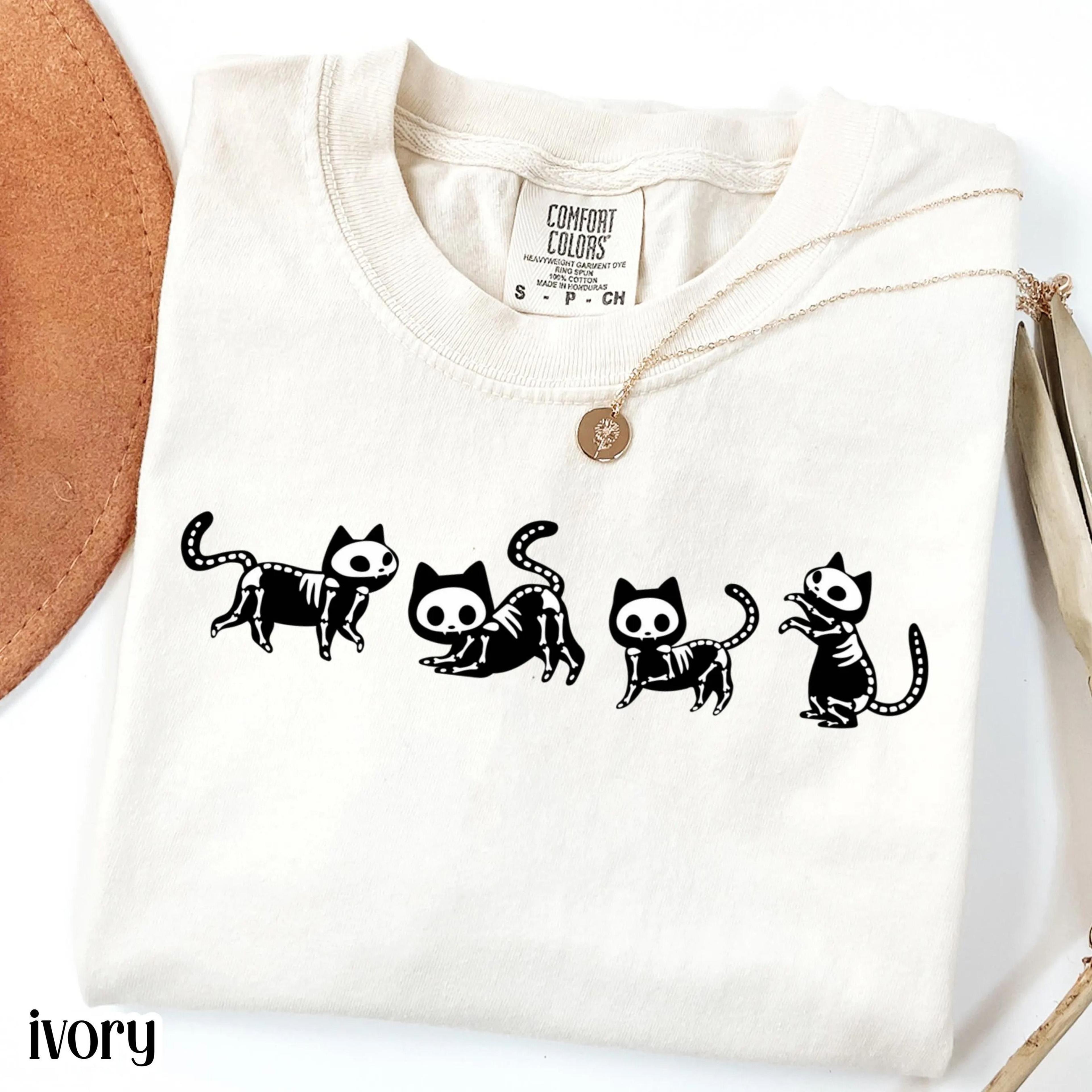 comfort colors black cat skeleton shirt | spooky season kitty tee | halloween graphic t-shirt